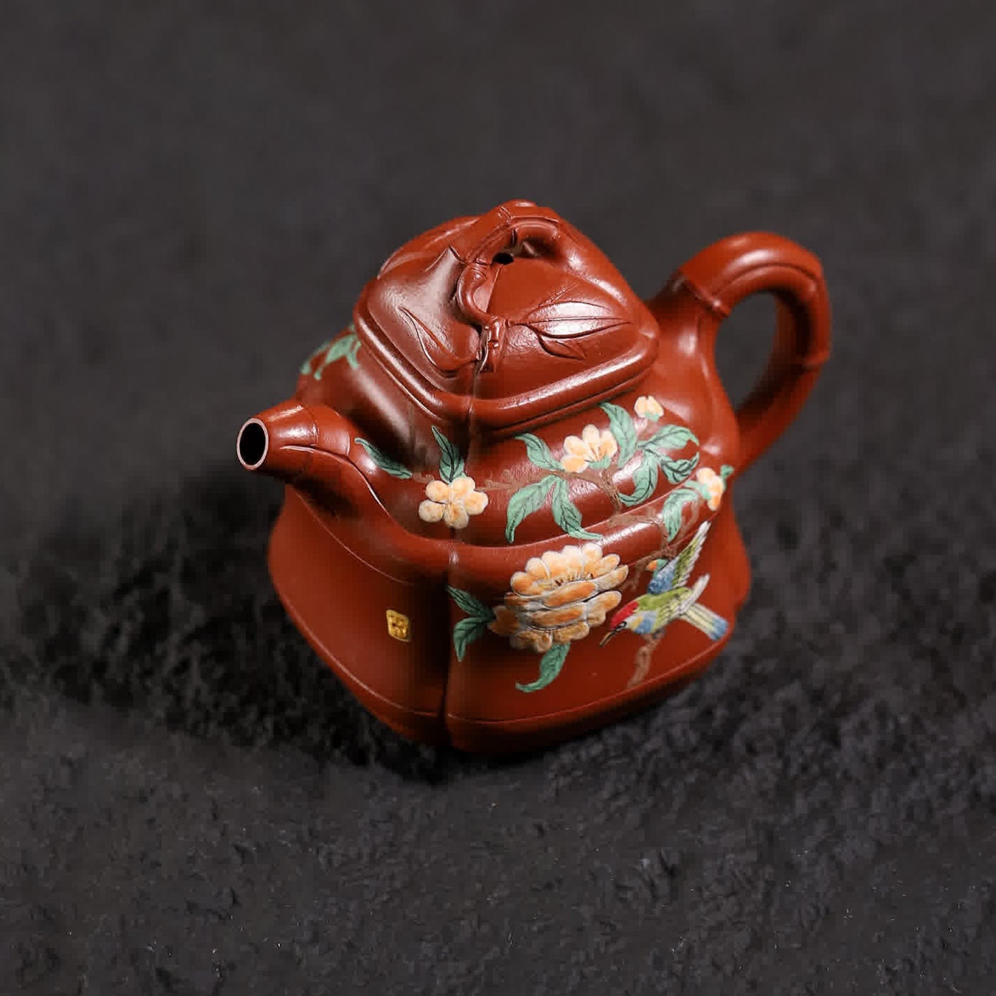 Bamboo-shape Floral & Bird Painting Fully Handmade Zhu Ni 'Bamboo Ding' Yixing Teapot