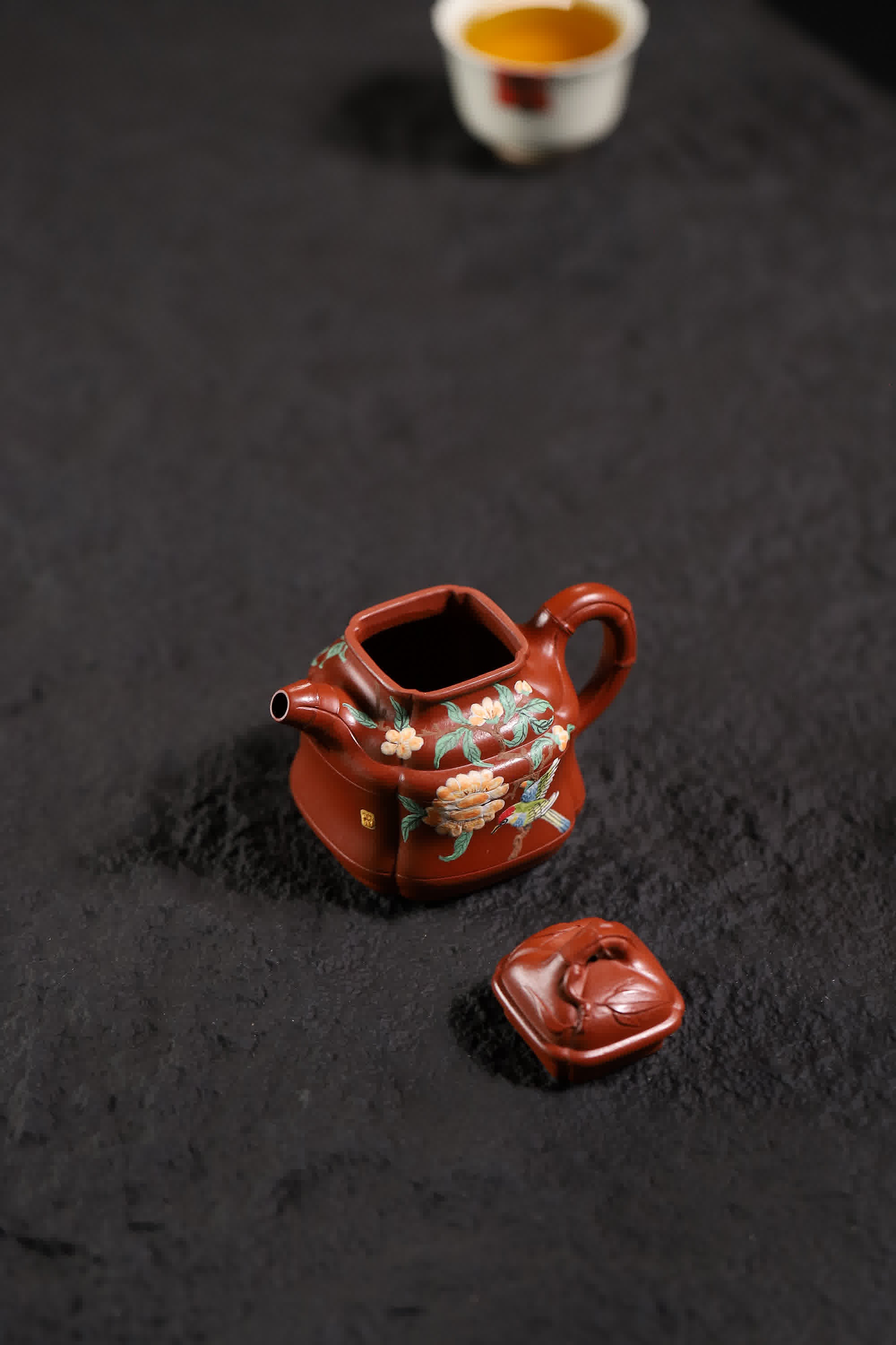 Bamboo-shape Floral & Bird Painting Fully Handmade Zhu Ni 'Bamboo Ding' Yixing Teapot