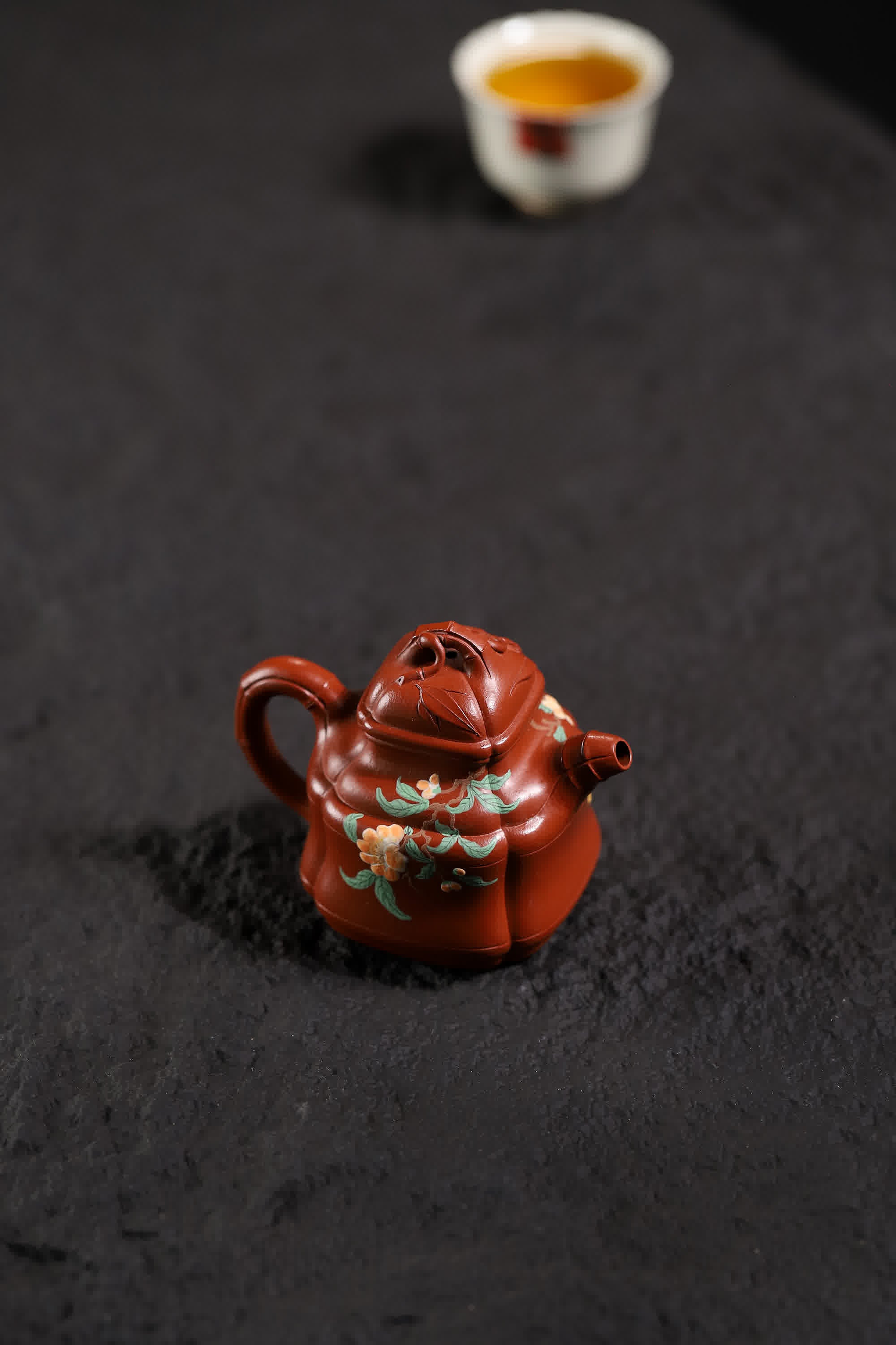 Bamboo-shape Floral & Bird Painting Fully Handmade Zhu Ni 'Bamboo Ding' Yixing Teapot