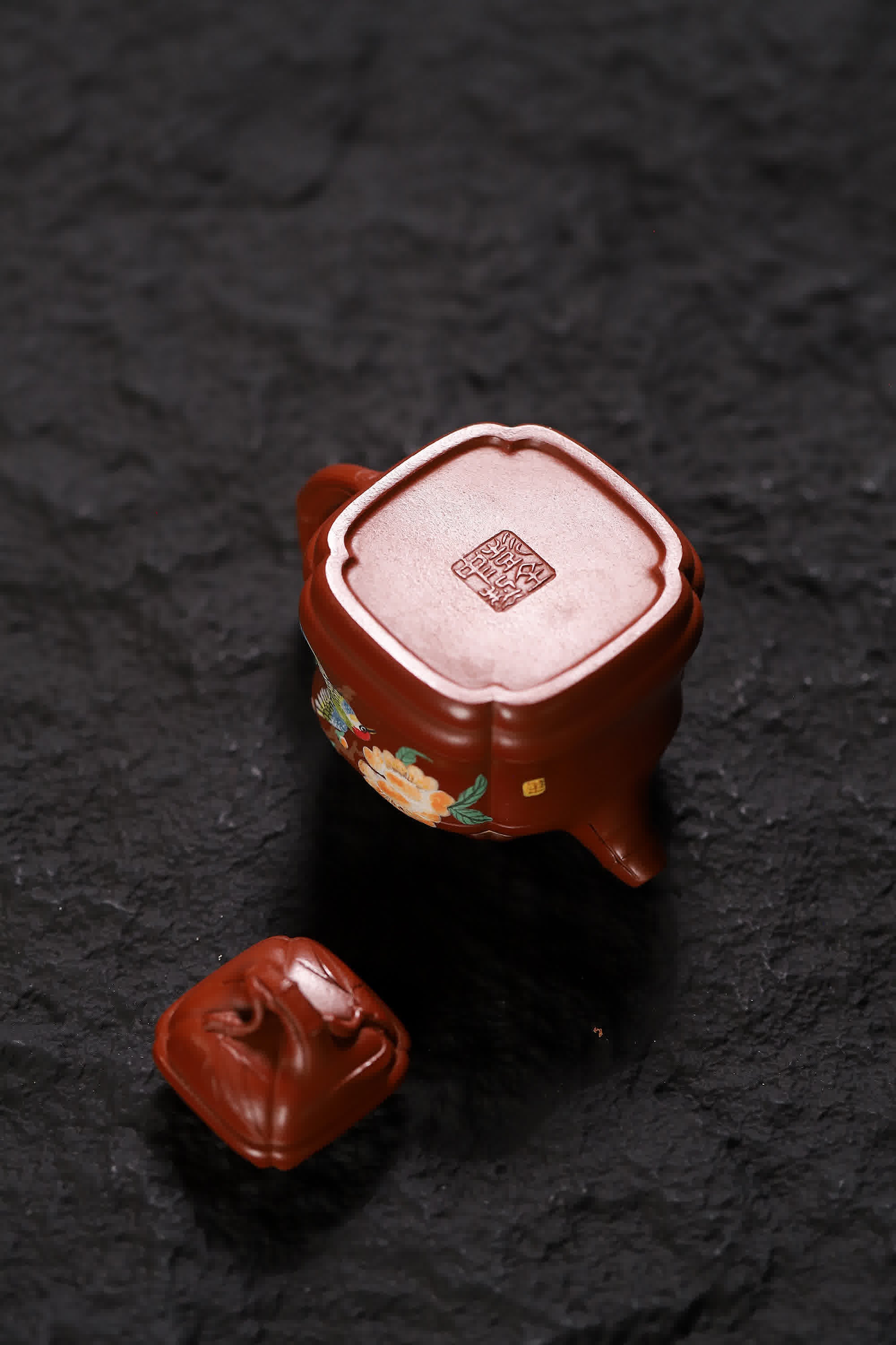 Bamboo-shape Floral & Bird Painting Fully Handmade Zhu Ni 'Bamboo Ding' Yixing Teapot