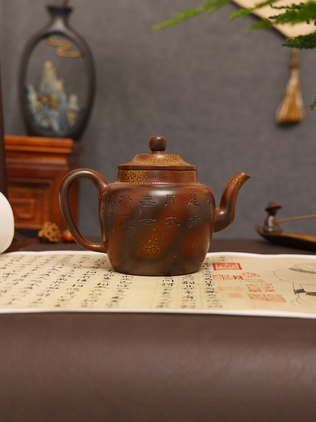 Bamboo Carving & Poetic Inscription Fully Handmade Purple Clay 'Wine-Pot Shape' Yixing Teapot