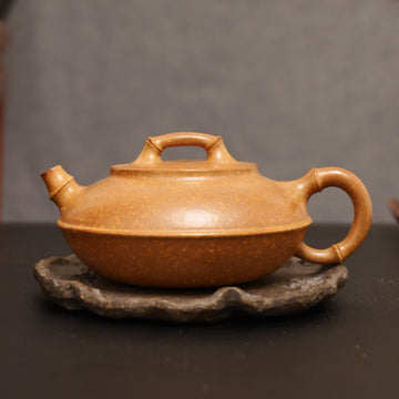 Bamboo Flat Shape Fully Handmade Flocculent Golden Duan Clay Yixing Teapot