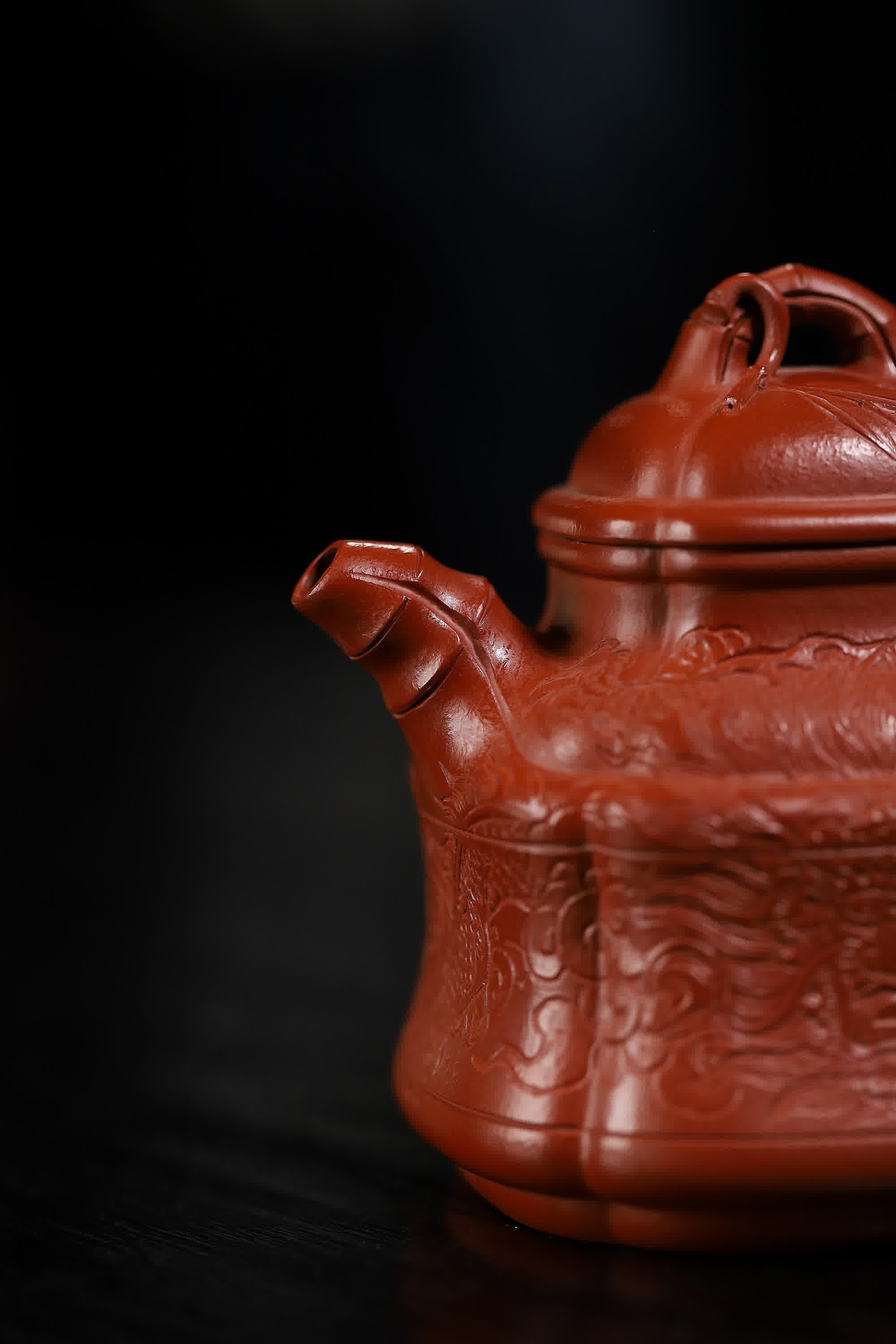 Bamboo shaped Dragon Pattern Carving Fully Handmade Zhu Ni 'Bamboo Ding' Yixing Teapot