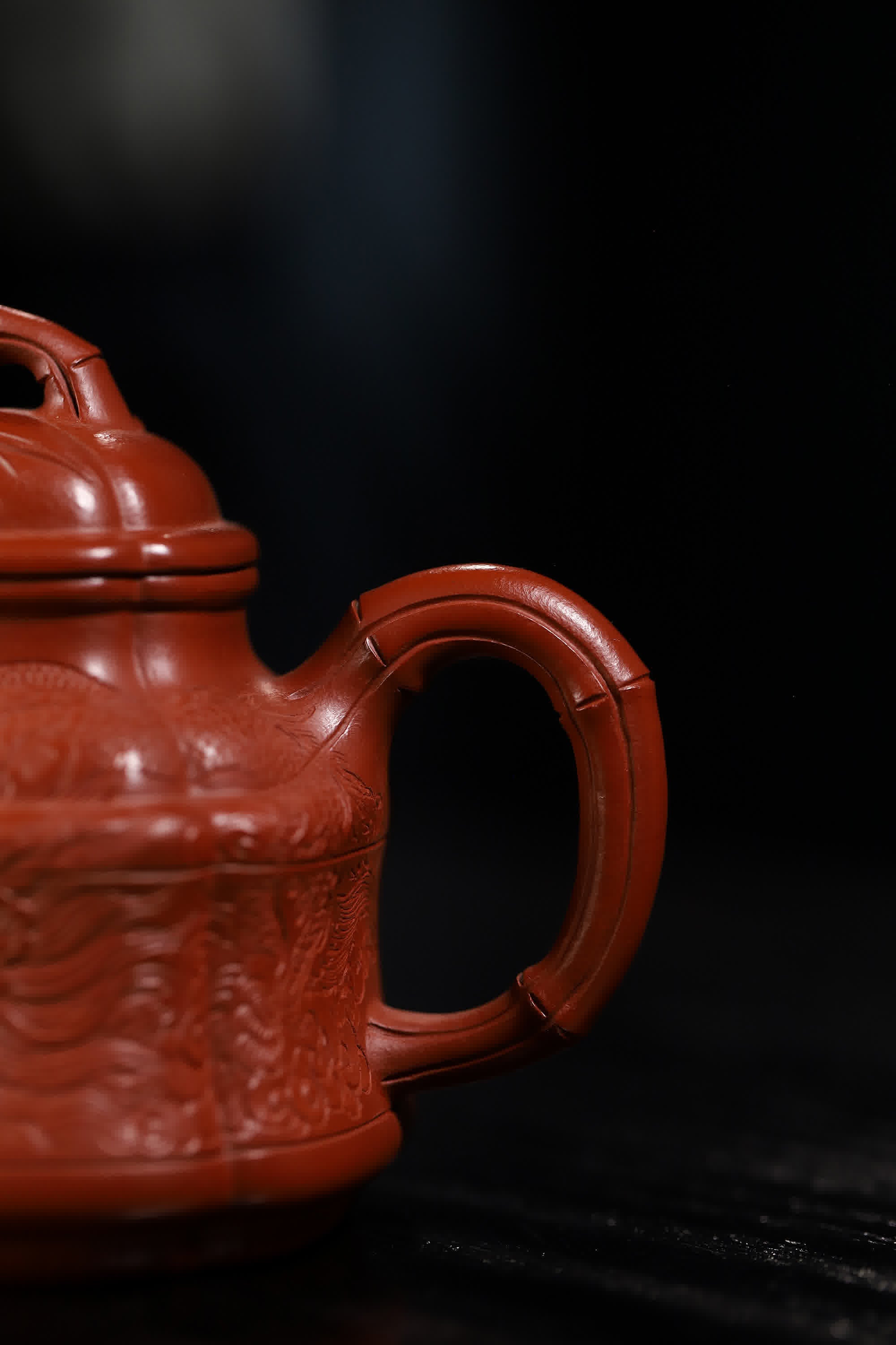 Bamboo shaped Dragon Pattern Carving Fully Handmade Zhu Ni 'Bamboo Ding' Yixing Teapot