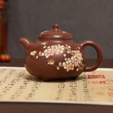 Cherry Blossom Clay-Painting Fully Handmade Red Bean-Purple Clay 'Ru Ding' Yixing Teapot