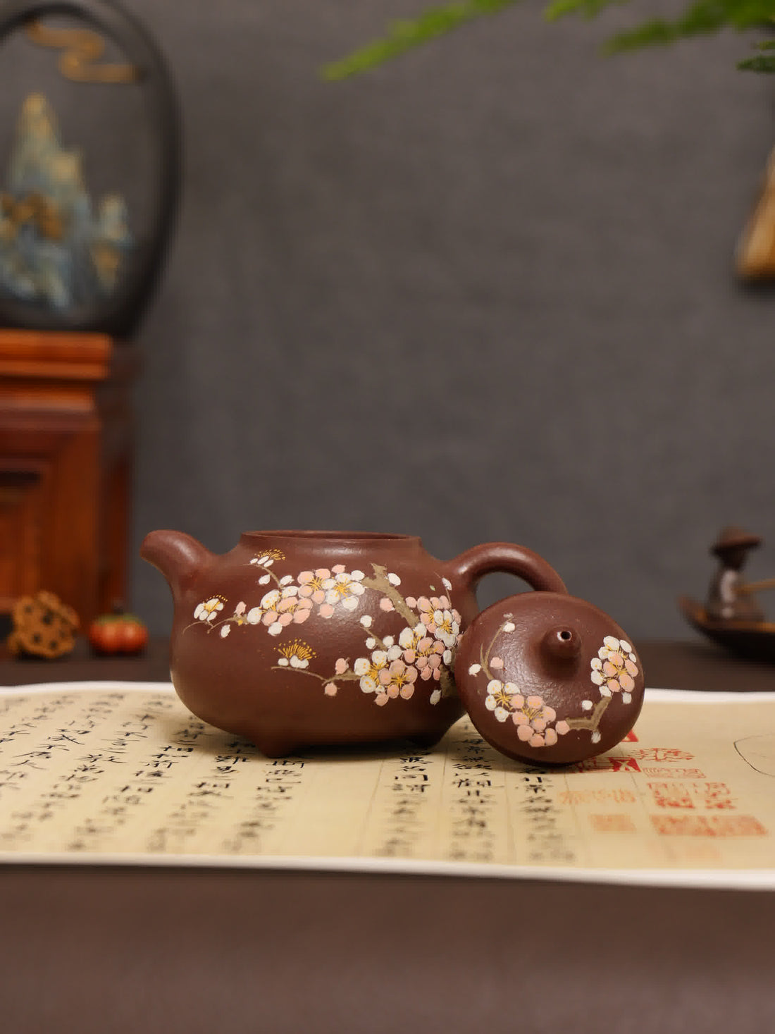 Cherry Blossom Clay-Painting Fully Handmade Red Bean-Purple Clay 'Ru Ding' Yixing Teapot