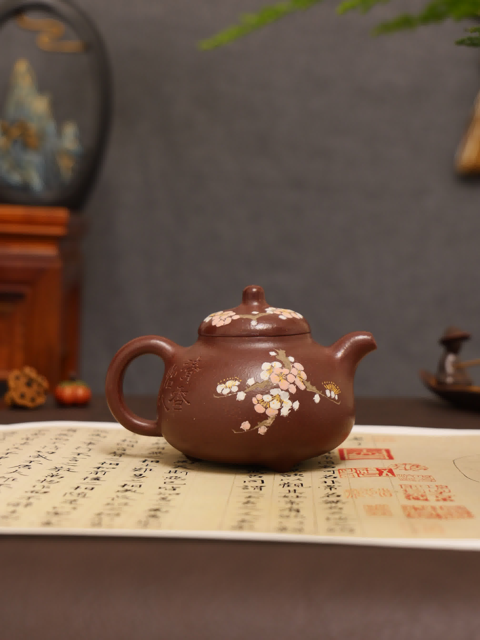 Cherry Blossom Clay-Painting Fully Handmade Red Bean-Purple Clay 'Ru Ding' Yixing Teapot