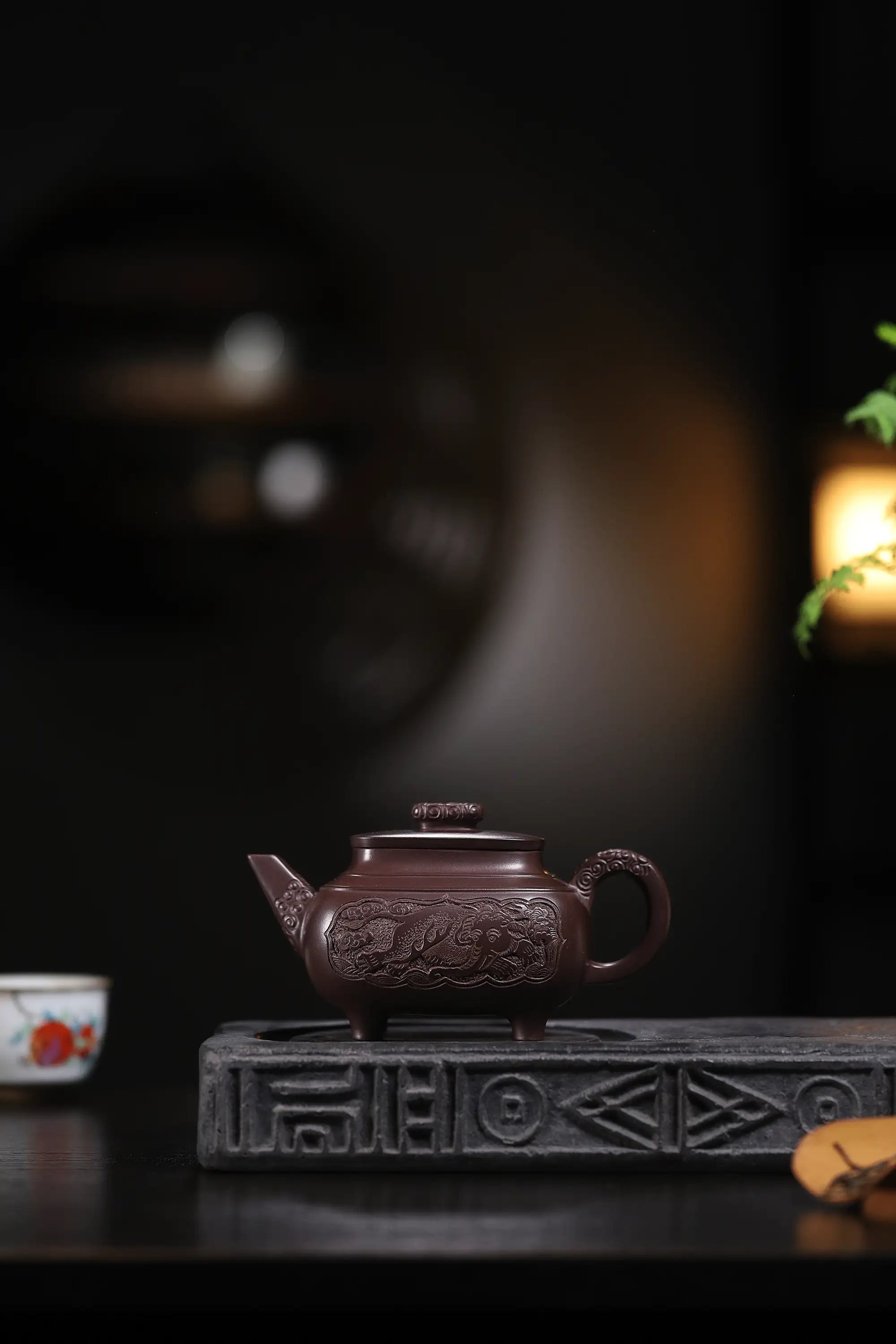 Elephant Carving & Inscription Fully Handmade Aged Purple Clay 'Four-legged Square Chuan Lu' Yixing Teapot