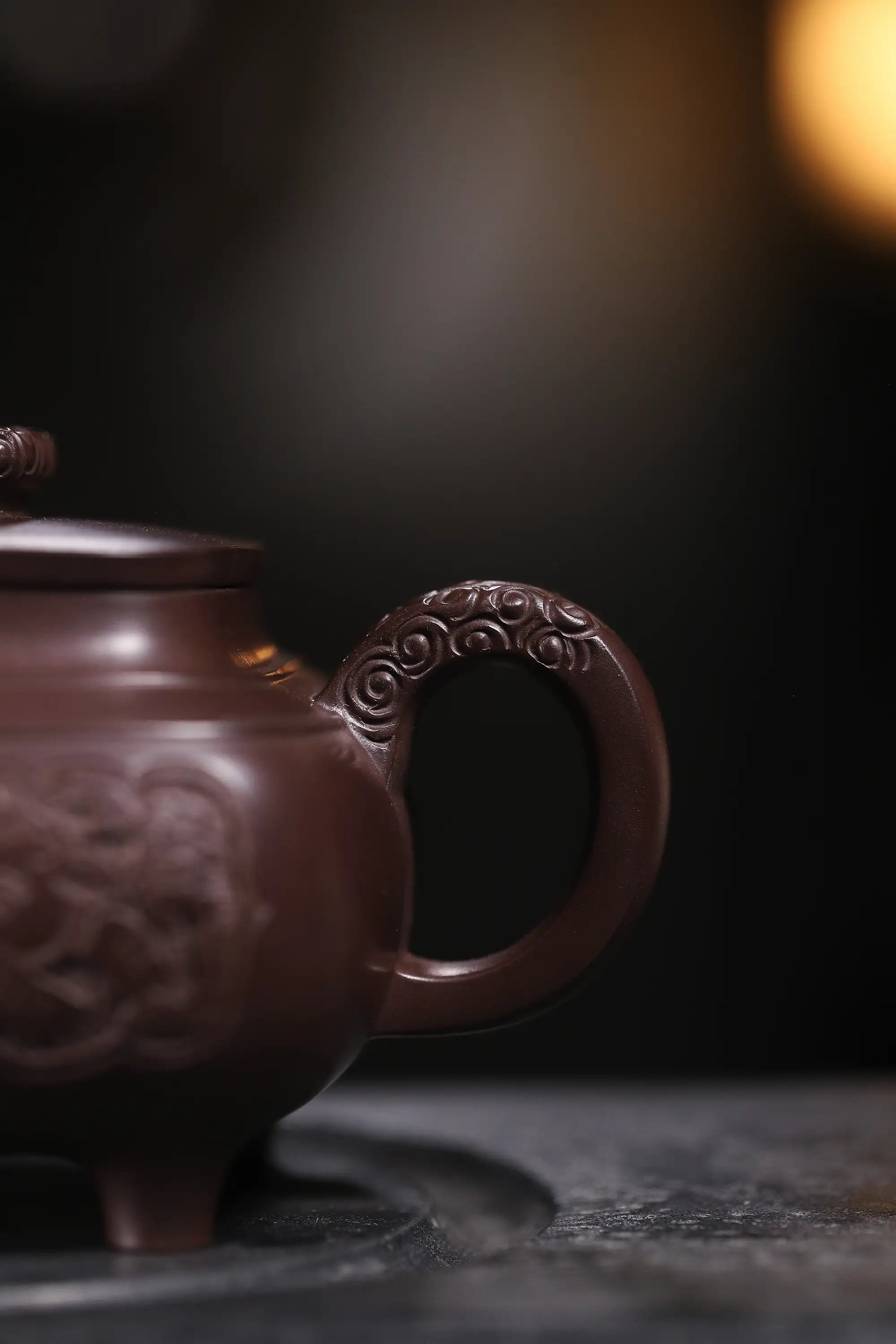 Elephant Carving & Inscription Fully Handmade Aged Purple Clay 'Four-legged Square Chuan Lu' Yixing Teapot