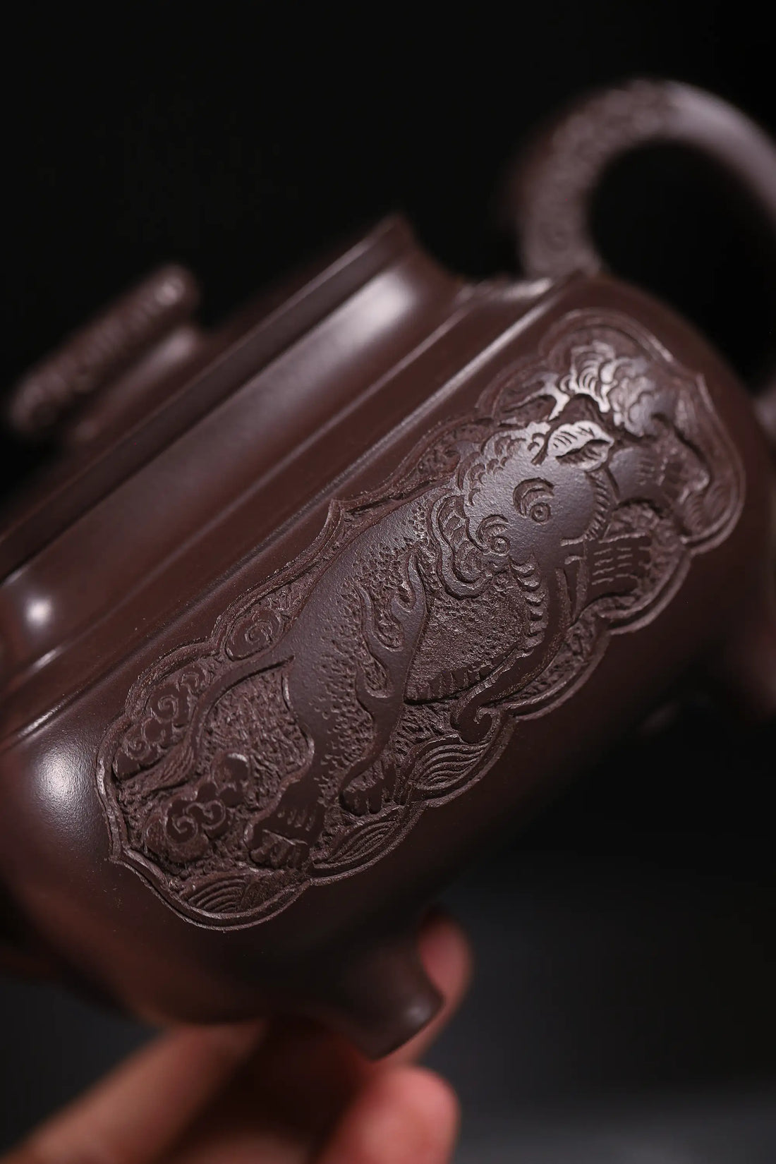 Elephant Carving & Inscription Fully Handmade Aged Purple Clay 'Four-legged Square Chuan Lu' Yixing Teapot