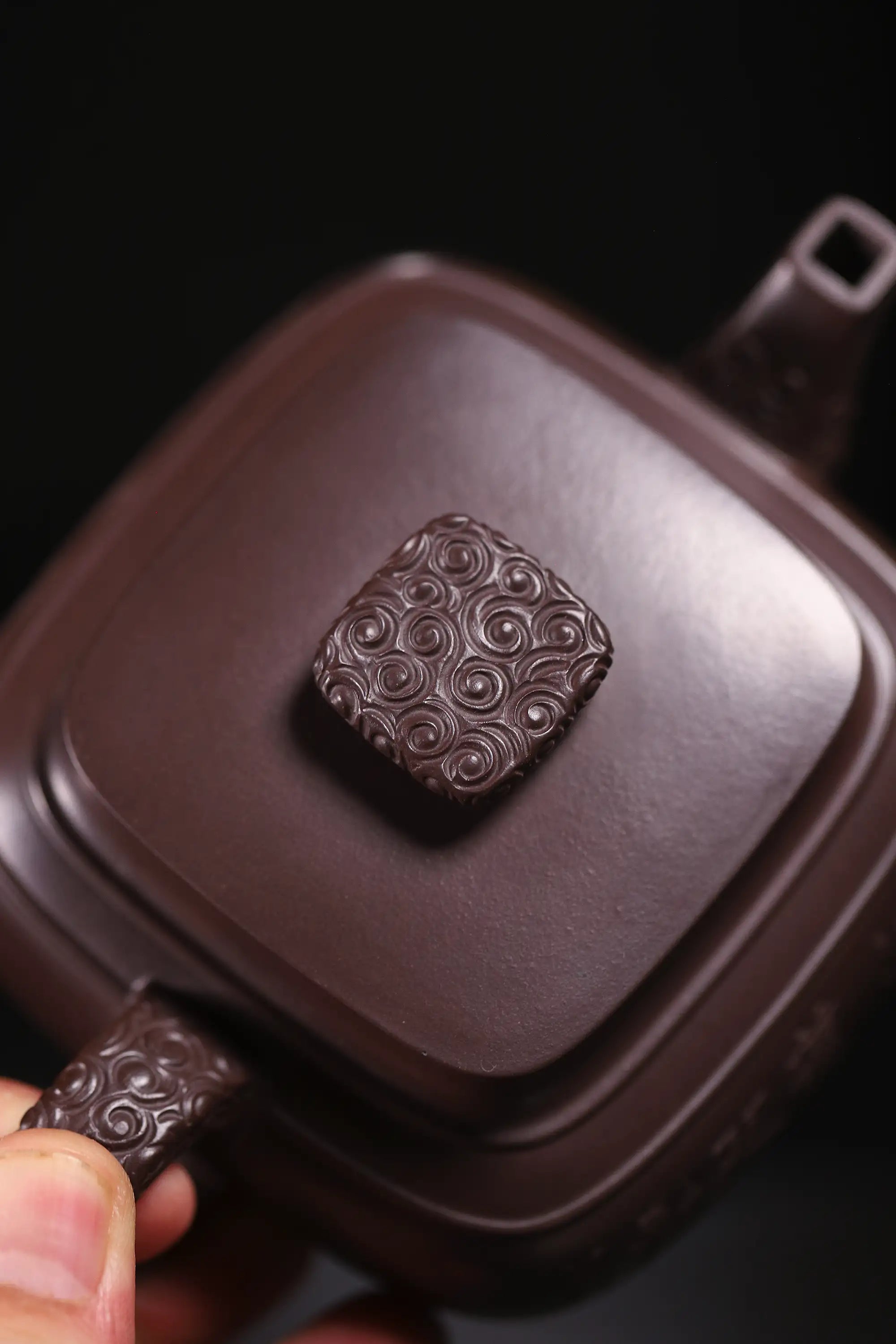 Elephant Carving & Inscription Fully Handmade Aged Purple Clay 'Four-legged Square Chuan Lu' Yixing Teapot