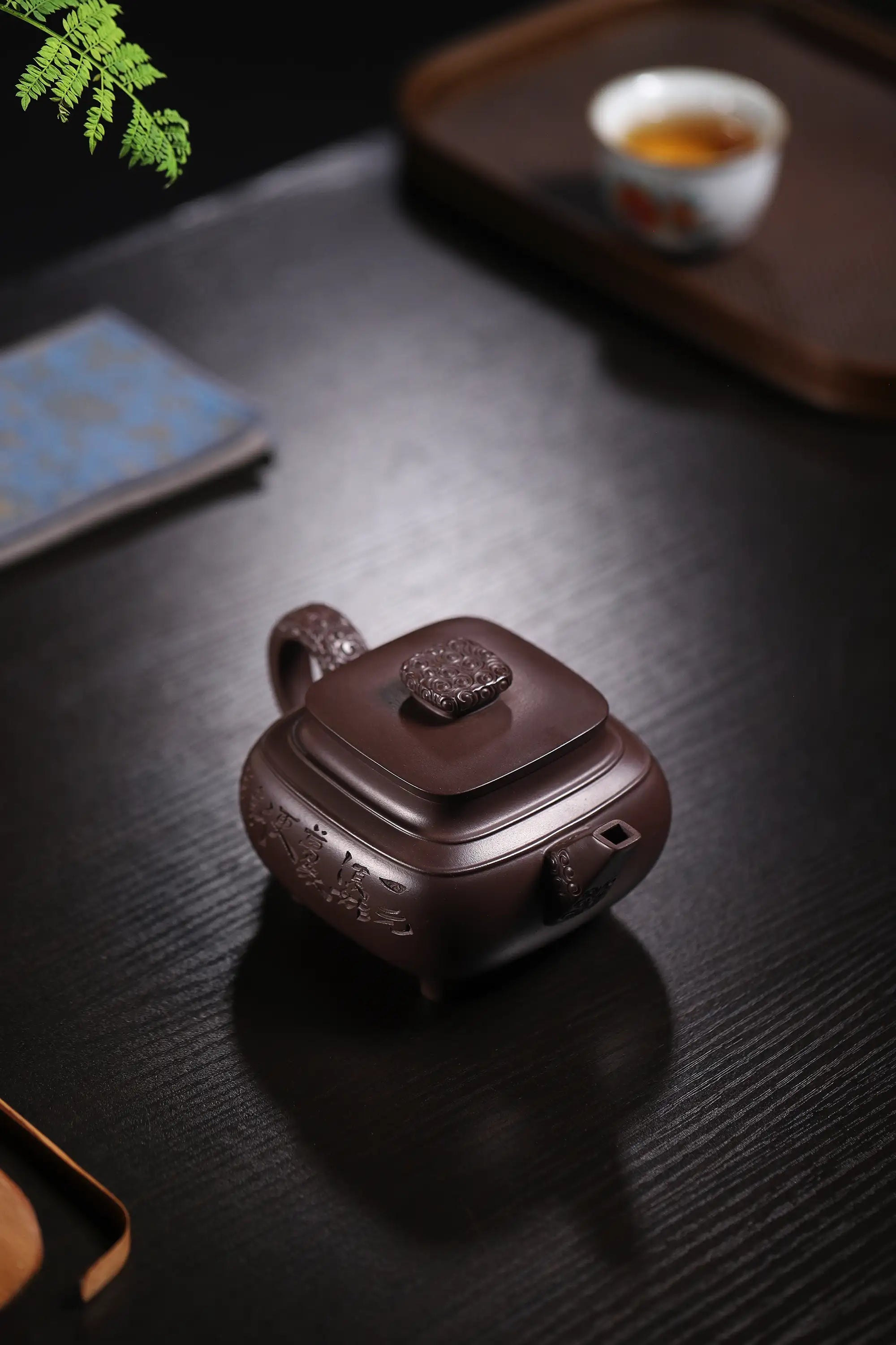 Elephant Carving & Inscription Fully Handmade Aged Purple Clay 'Four-legged Square Chuan Lu' Yixing Teapot