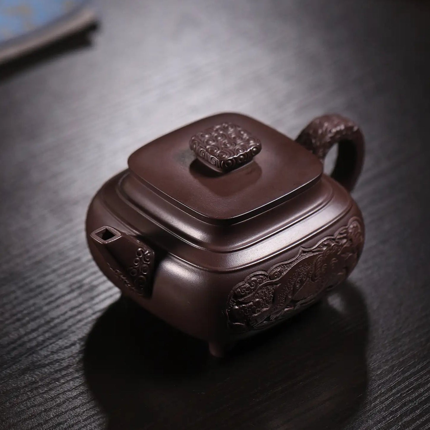 Elephant Carving & Inscription Fully Handmade Aged Purple Clay 'Four-legged Square Chuan Lu' Yixing Teapot