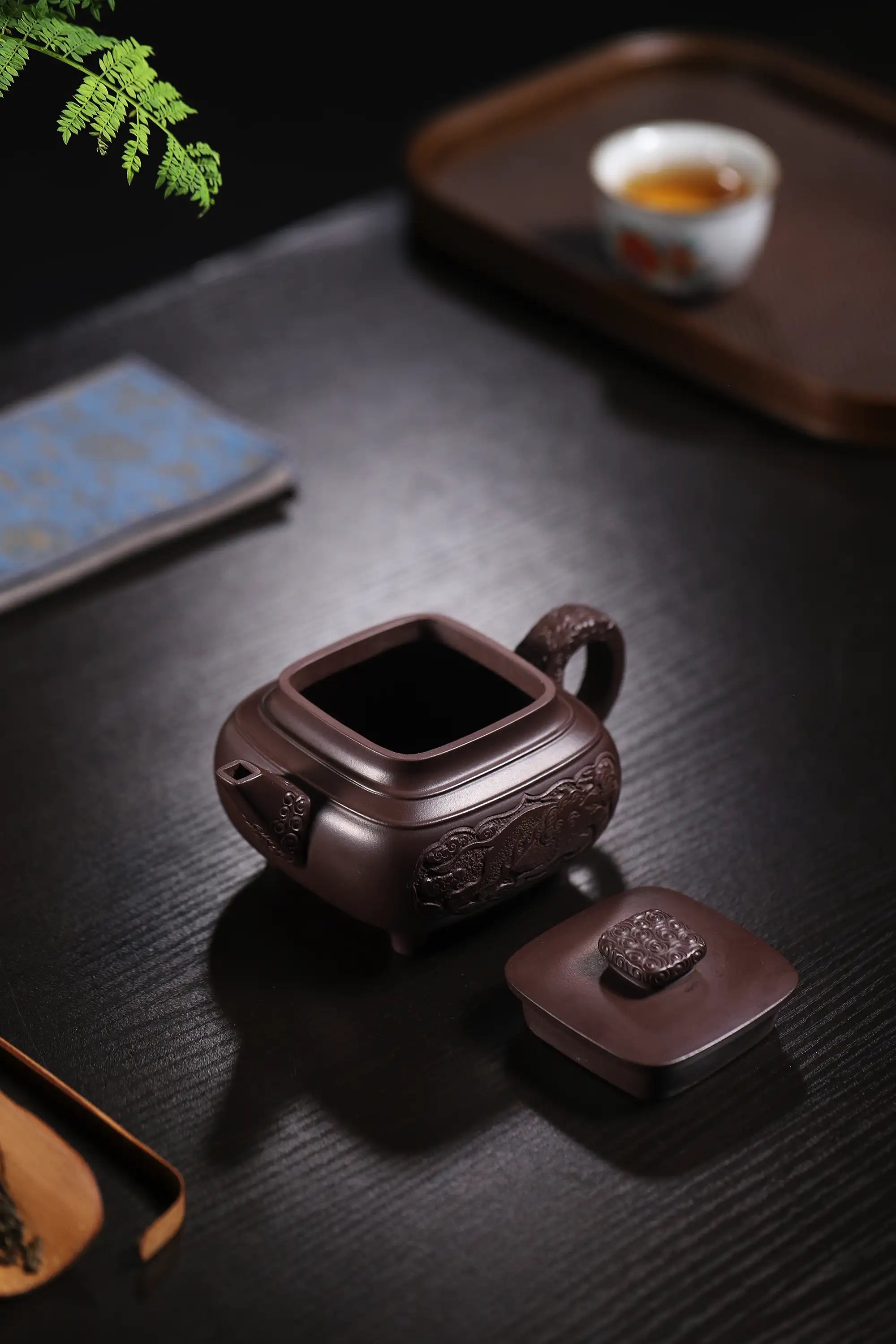 Elephant Carving & Inscription Fully Handmade Aged Purple Clay 'Four-legged Square Chuan Lu' Yixing Teapot