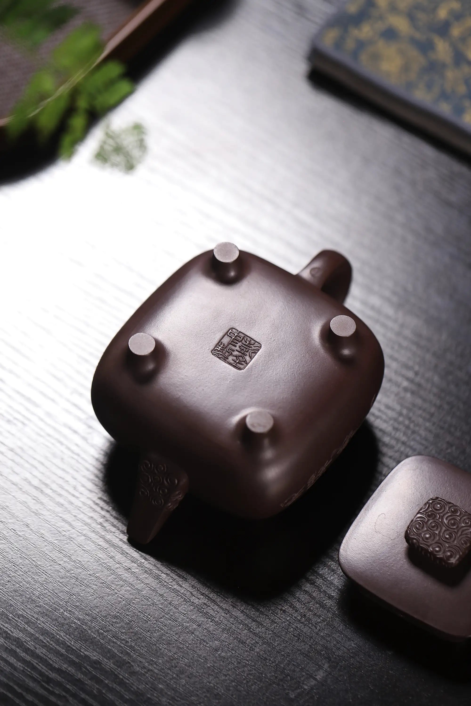 Elephant Carving & Inscription Fully Handmade Aged Purple Clay 'Four-legged Square Chuan Lu' Yixing Teapot