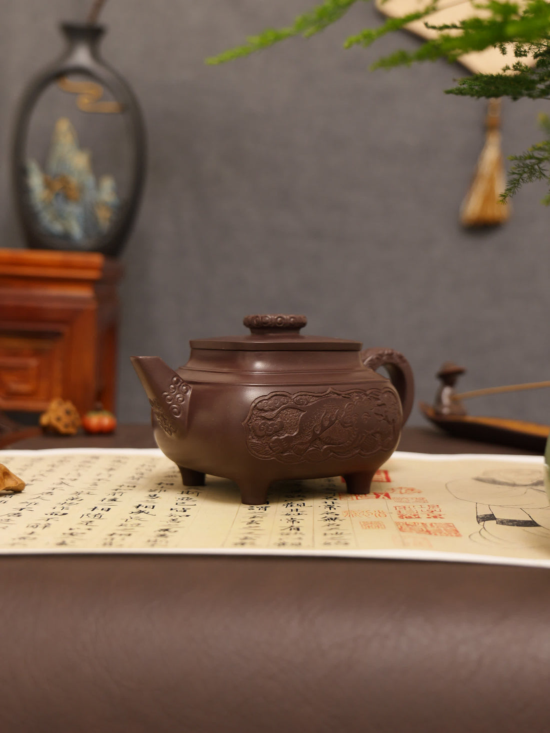 Elephant Carving & Inscription Fully Handmade Aged Purple Clay 'Four-legged Square Chuan Lu' Yixing Teapot