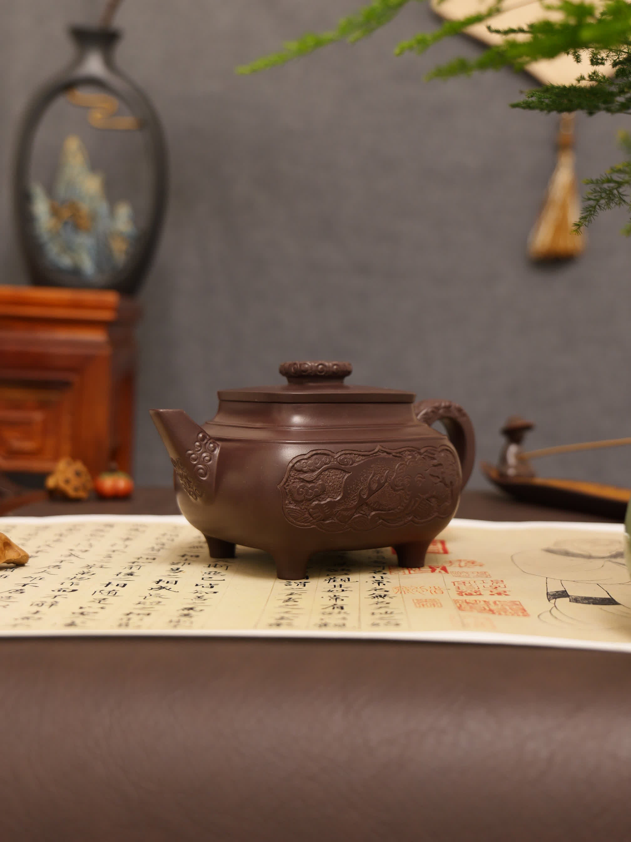 Elephant Carving & Inscription Fully Handmade Aged Purple Clay 'Four-legged Square Chuan Lu' Yixing Teapot