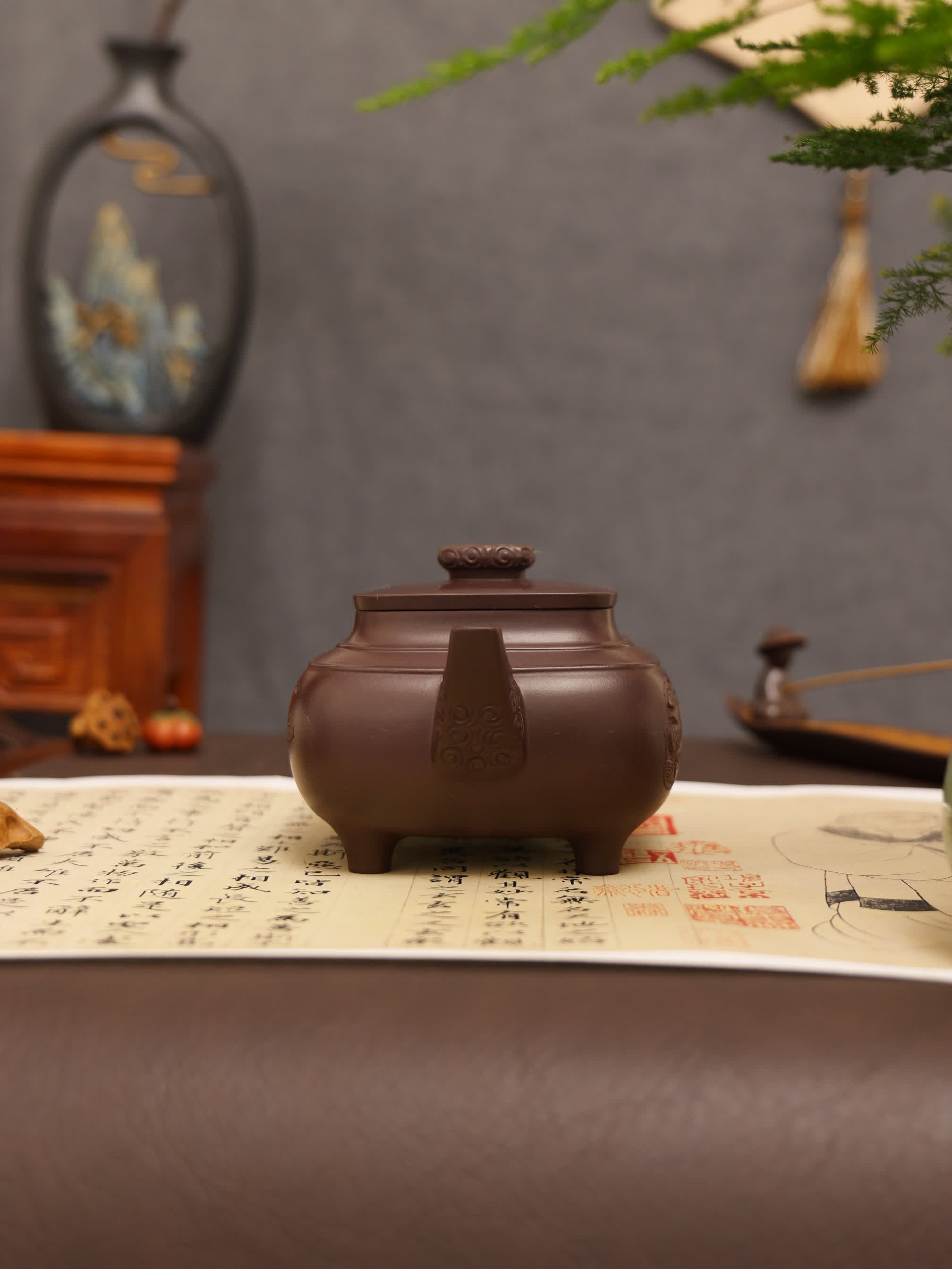 Elephant Carving & Inscription Fully Handmade Aged Purple Clay 'Four-legged Square Chuan Lu' Yixing Teapot