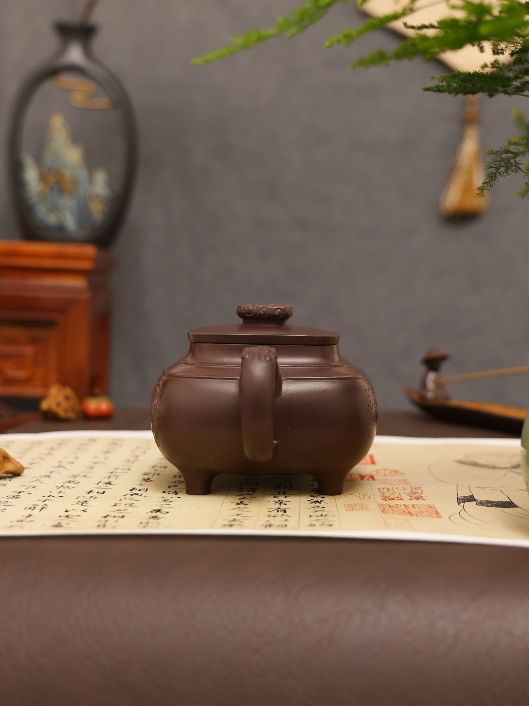 Elephant Carving & Inscription Fully Handmade Aged Purple Clay 'Four-legged Square Chuan Lu' Yixing Teapot