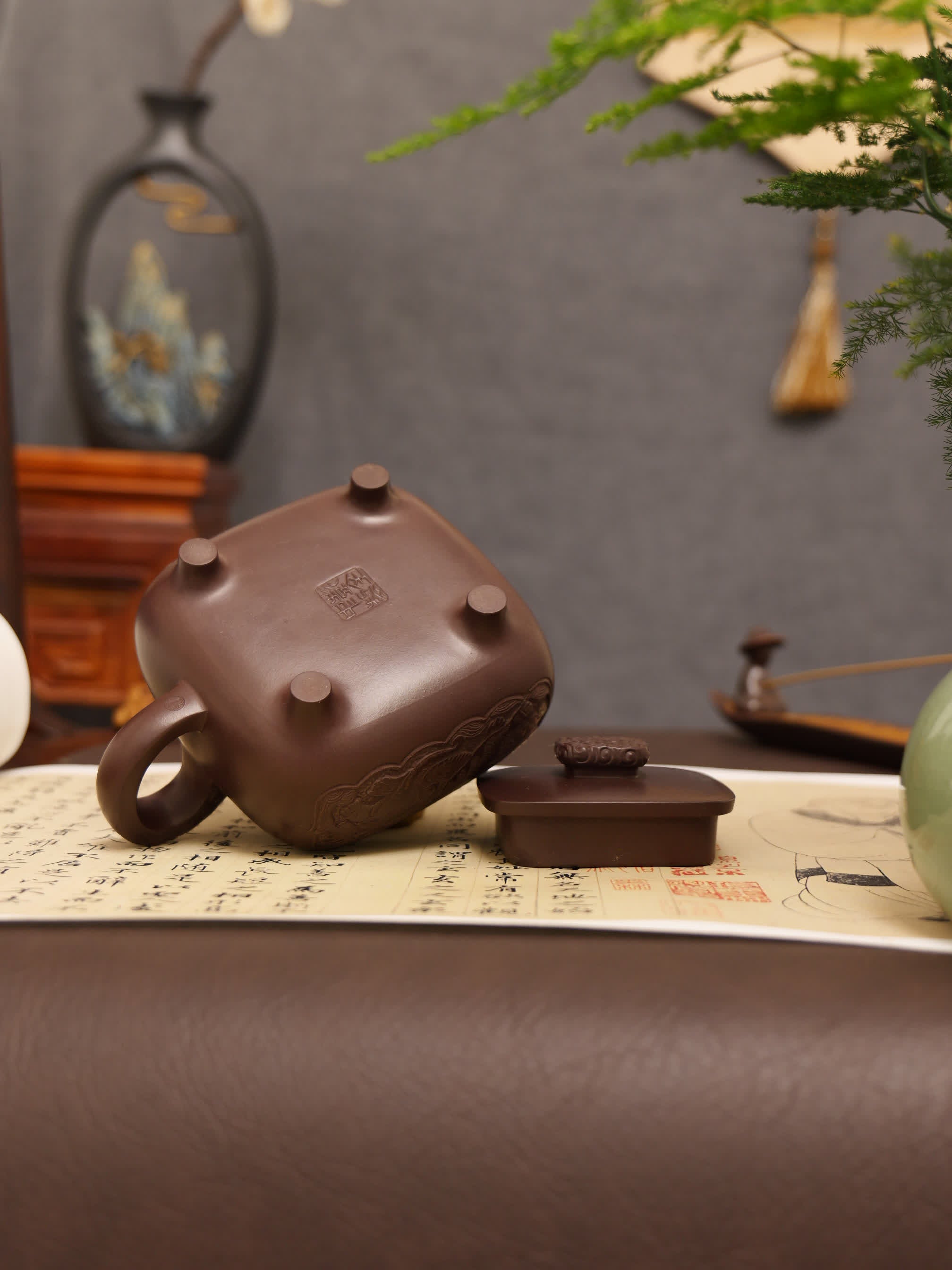 Elephant Carving & Inscription Fully Handmade Aged Purple Clay 'Four-legged Square Chuan Lu' Yixing Teapot