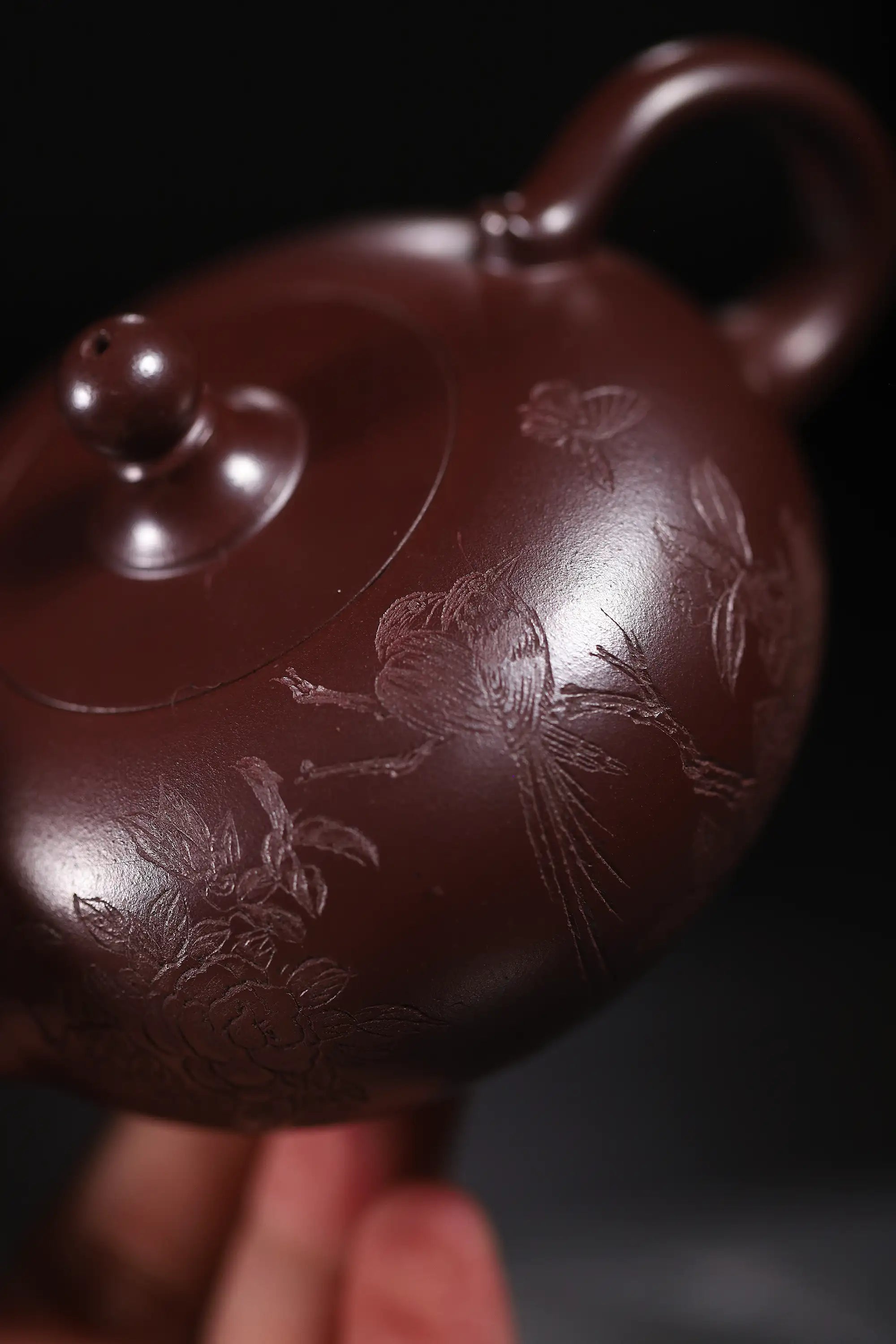 Floral Engraving Fully Handmade Dragon Blood Sand-Zini Clay 'Phoenix Pearl' Yixing Teapot