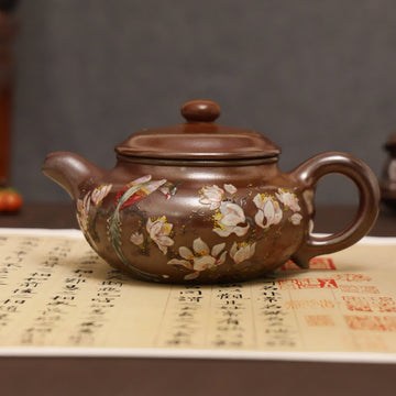 Floral & Bird Clay-Painting Fully Handmade Tianqing-Purple Clay 'Archaic' Yixing Teapot