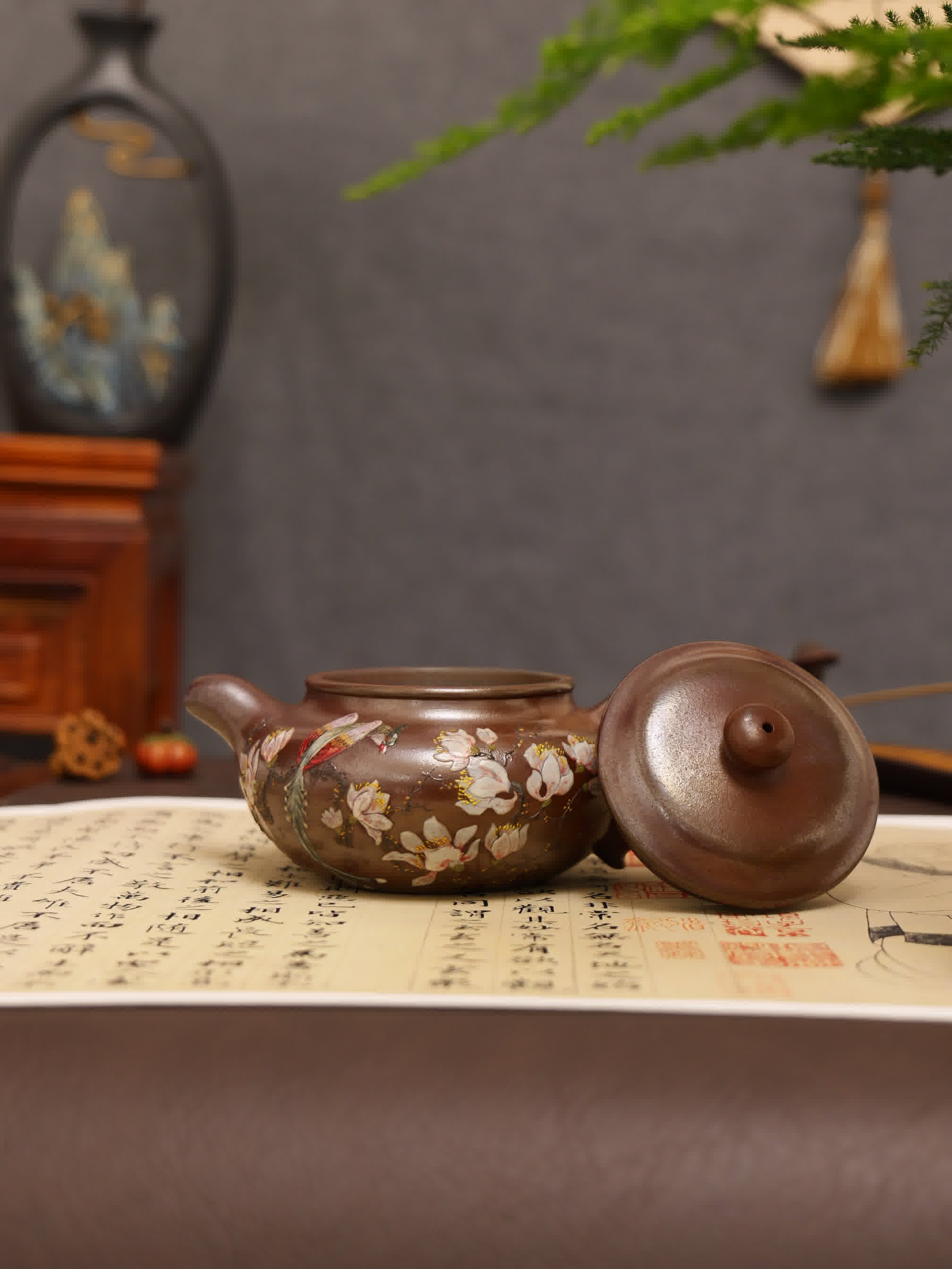 Floral & Bird Clay-Painting Fully Handmade Tianqing-Purple Clay 'Archaic' Yixing Teapot