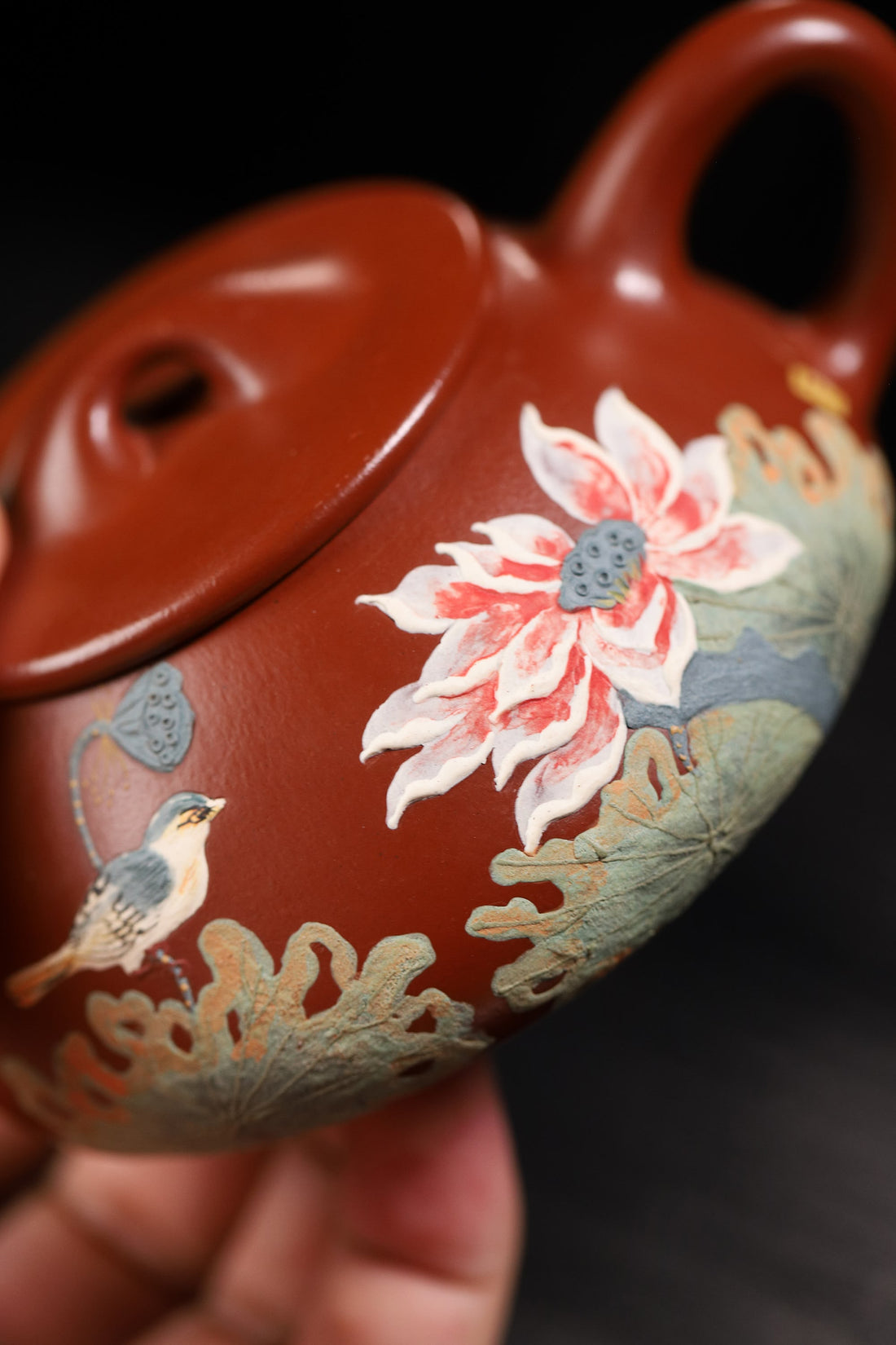 Floral & Bird Painting Fully Handmade Red Clay 'Jingzhou Shi Piao' Yixing Teapot
