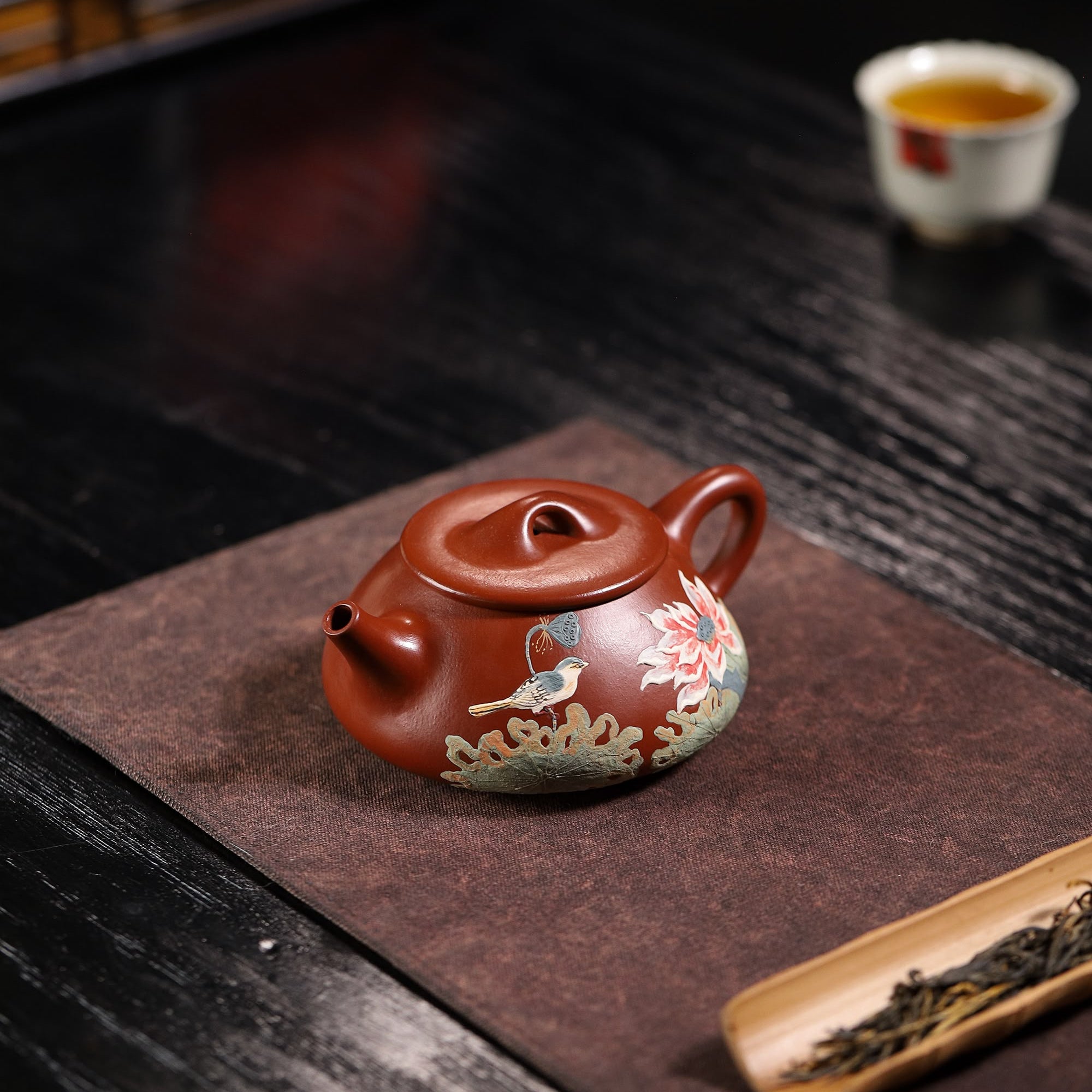 Floral & Bird Painting Fully Handmade Red Clay 'Jingzhou Shi Piao' Yixing Teapot