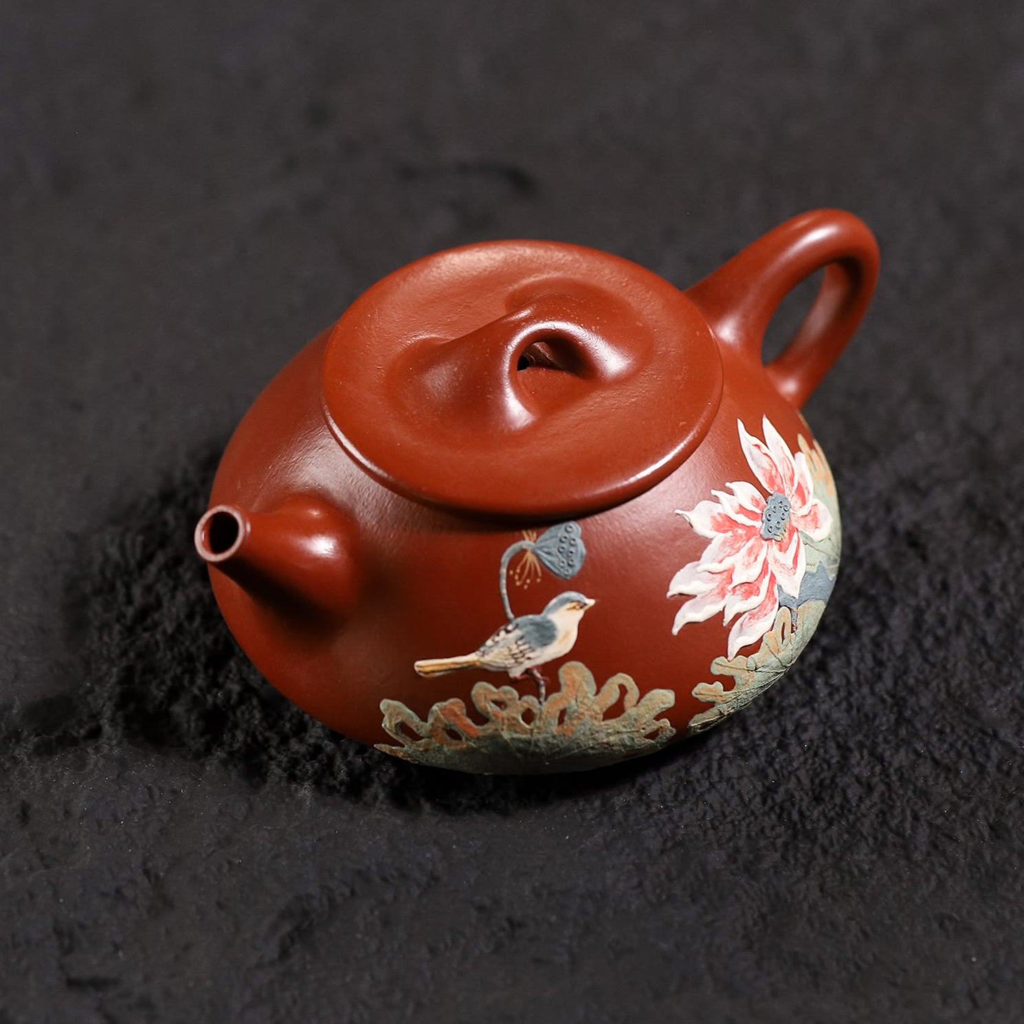 Floral & Bird Painting Fully Handmade Red Clay 'Jingzhou Shi Piao' Yixing Teapot