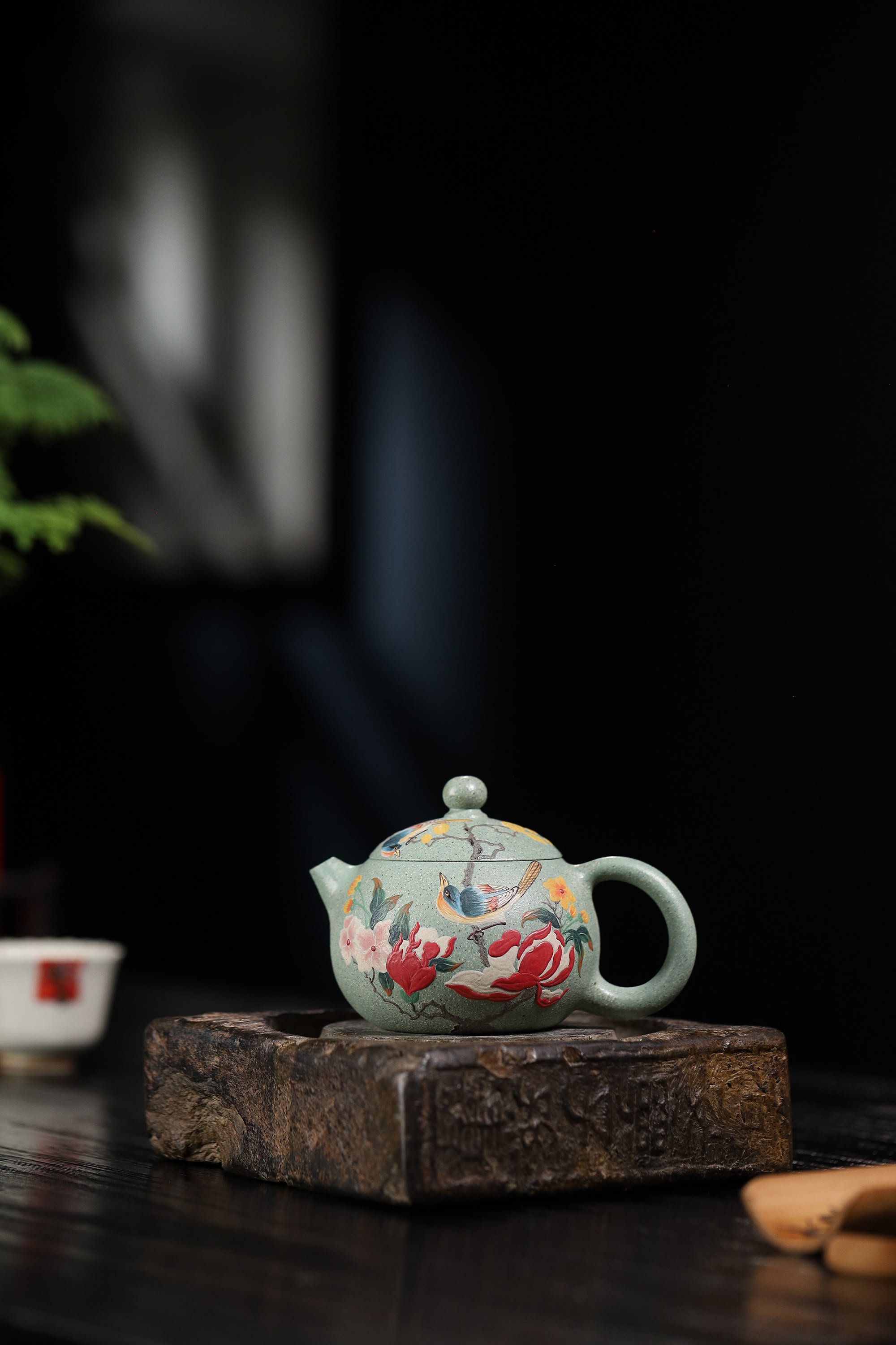 Hand-Painted Peony & Bird Design Handcrafted Ben Shan Lv Ni Clay Yixing Xishi Teapot
