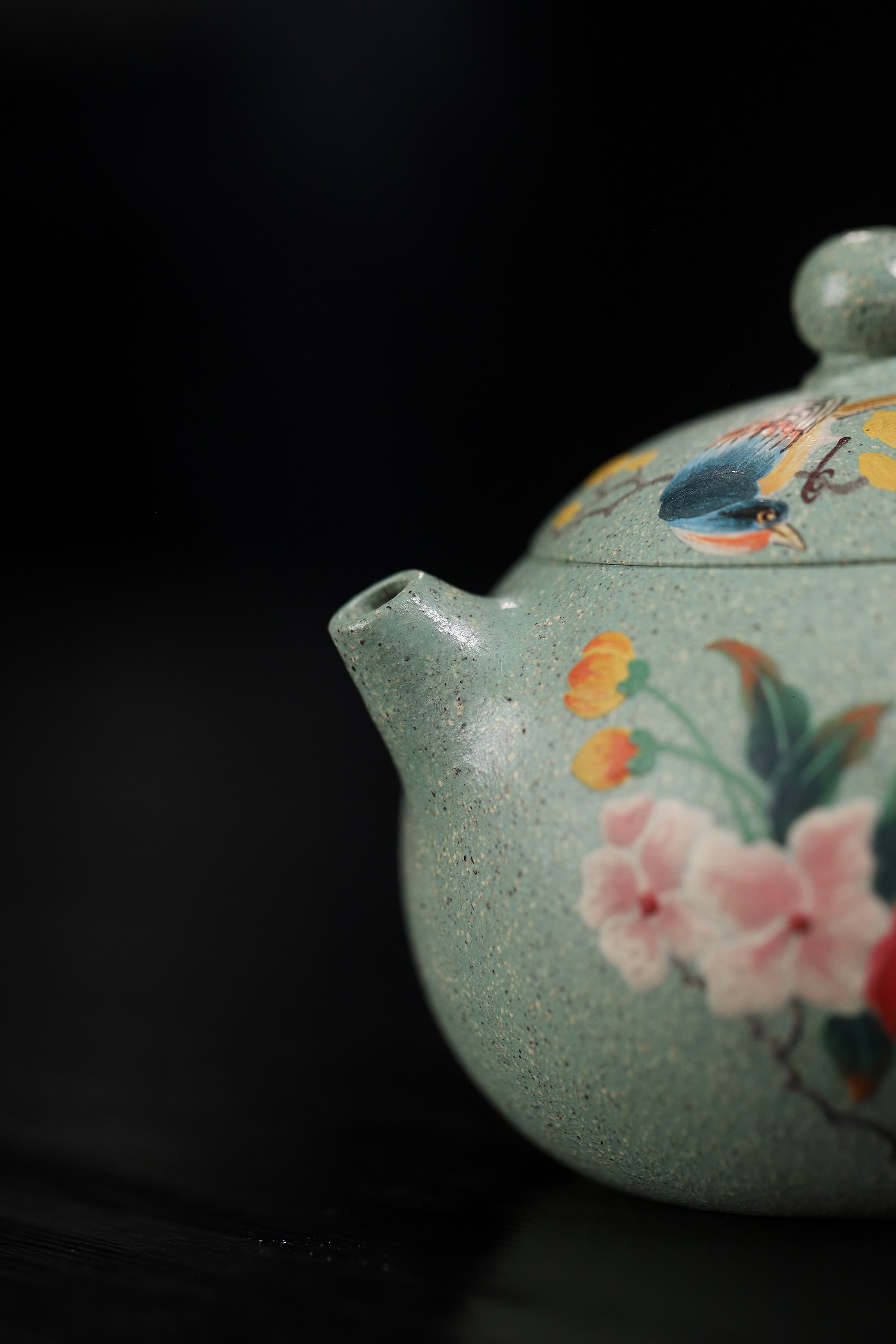 Hand-Painted Peony & Bird Design Handcrafted Ben Shan Lv Ni Clay Yixing Xishi Teapot