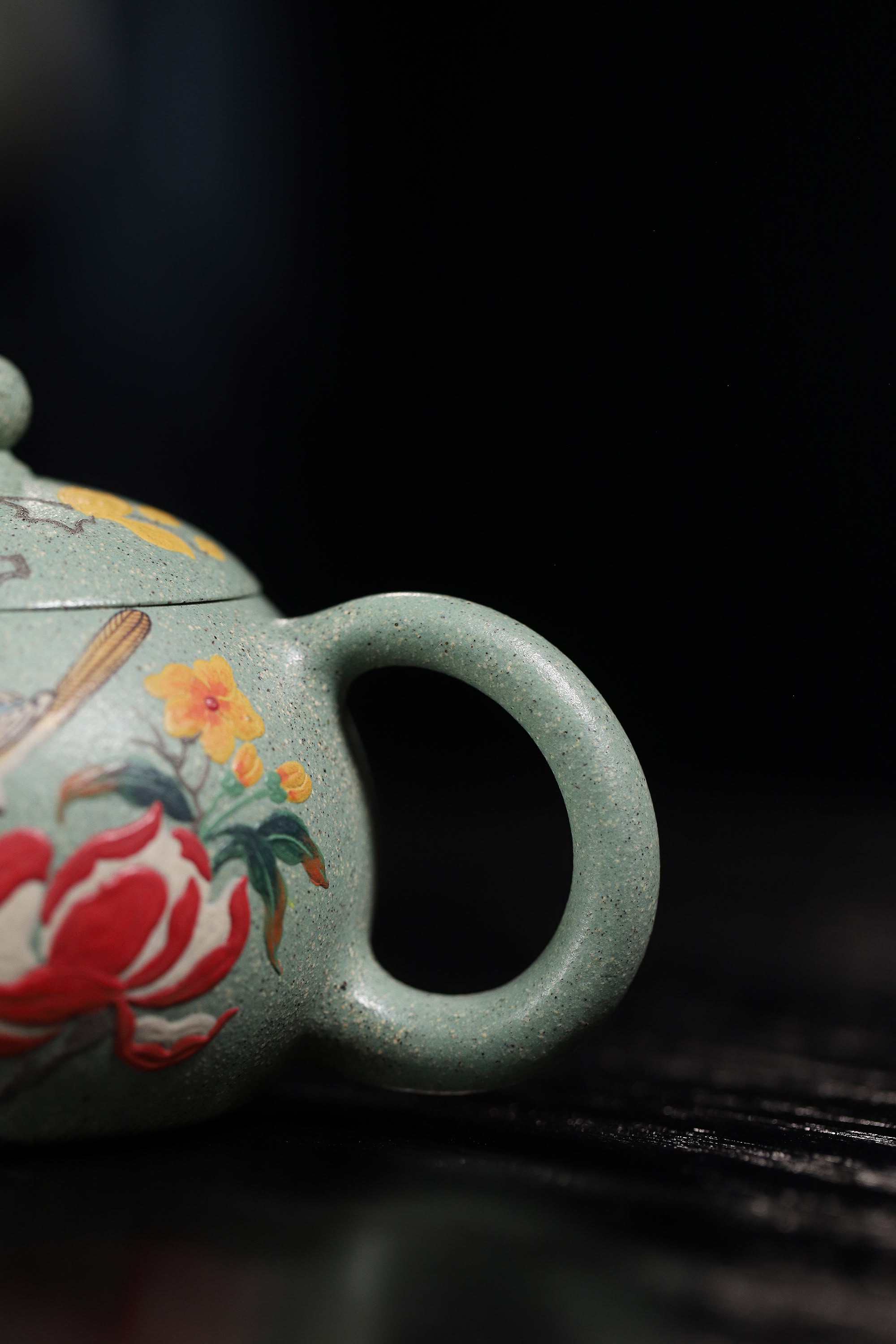 Hand-Painted Peony & Bird Design Handcrafted Ben Shan Lv Ni Clay Yixing Xishi Teapot