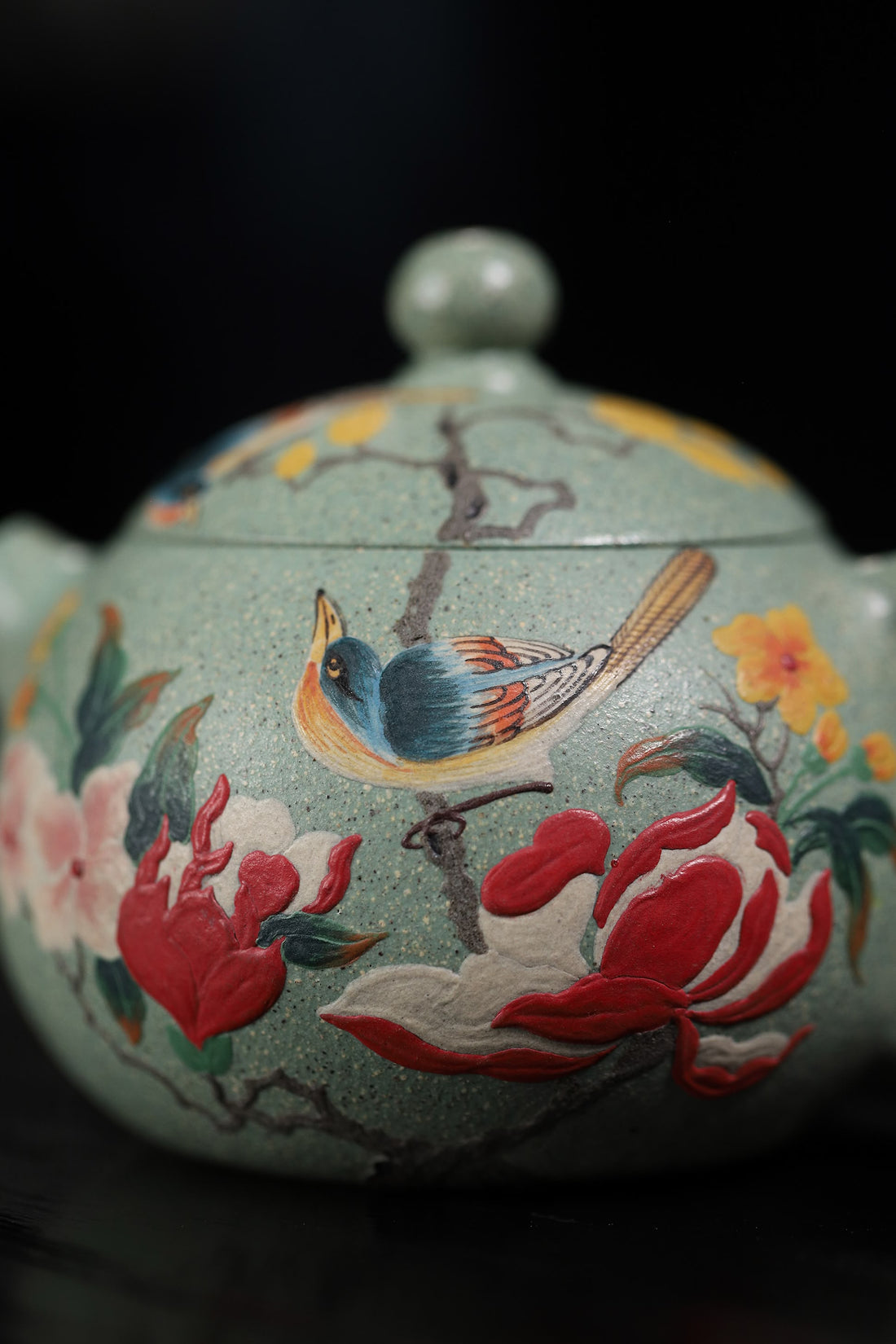 Hand-Painted Peony & Bird Design Handcrafted Ben Shan Lv Ni Clay Yixing Xishi Teapot