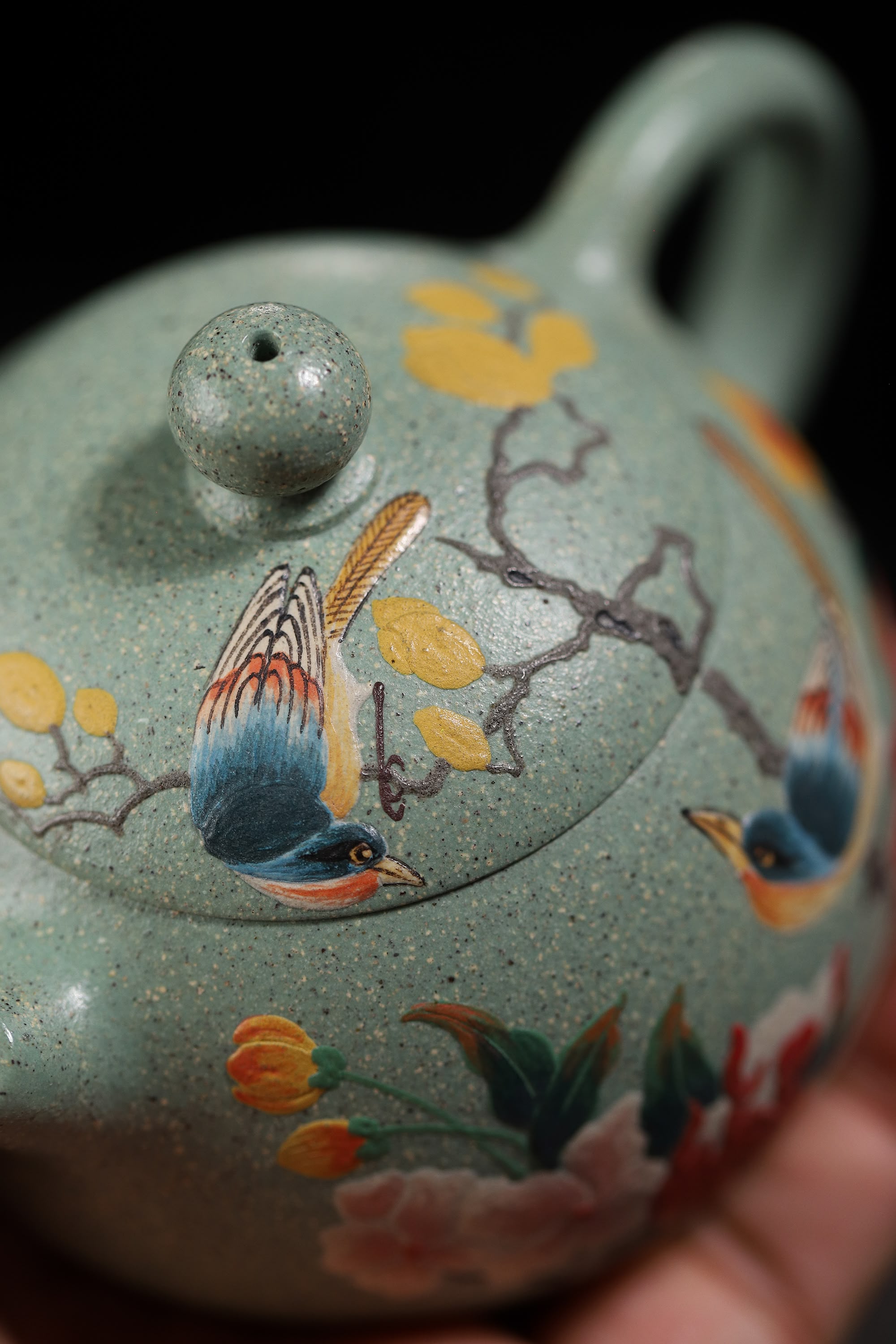 Hand-Painted Peony & Bird Design Handcrafted Ben Shan Lv Ni Clay Yixing Xishi Teapot