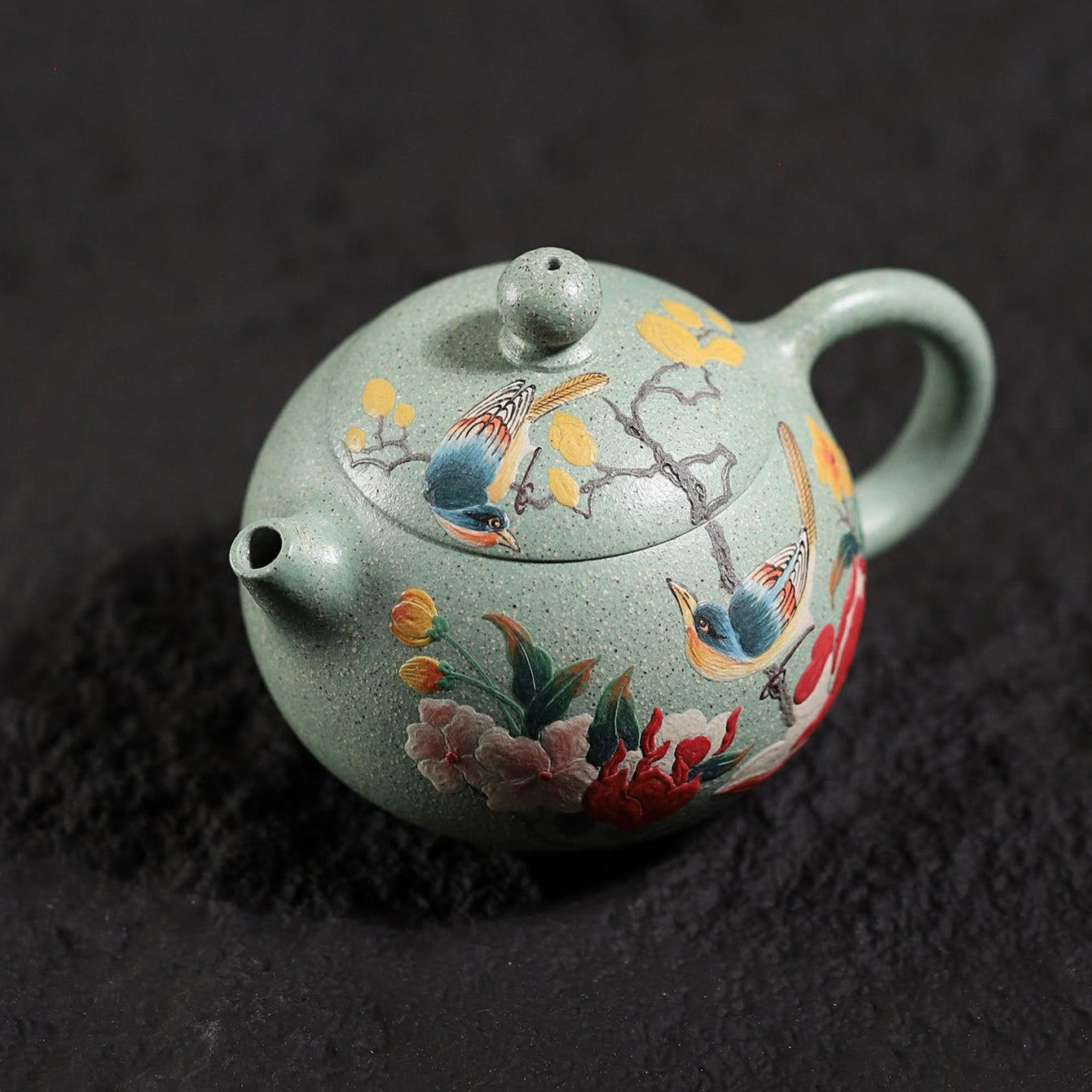 Hand-Painted Peony & Bird Design Handcrafted Ben Shan Lv Ni Clay Yixing Xishi Teapot