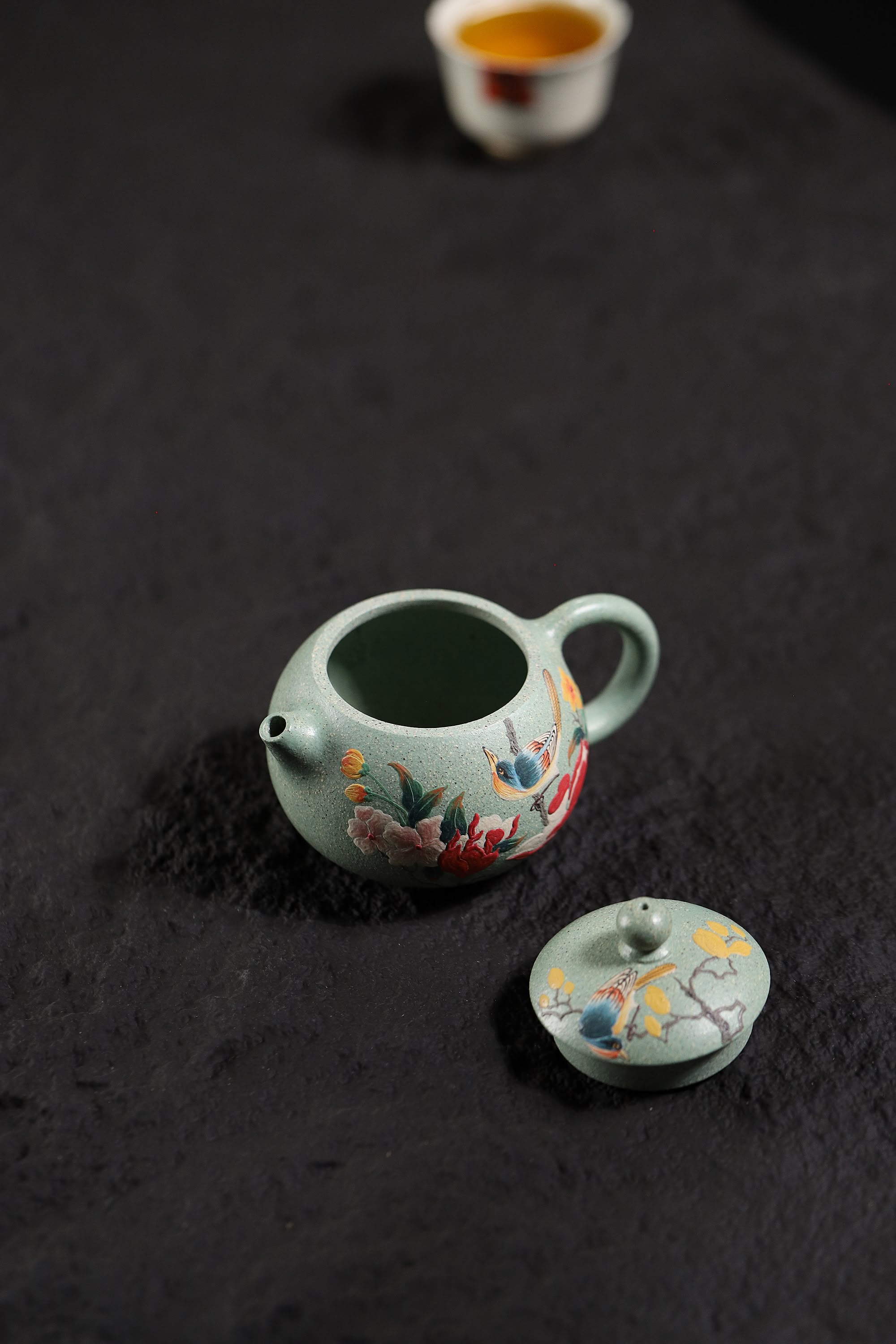 Hand-Painted Peony & Bird Design Handcrafted Ben Shan Lv Ni Clay Yixing Xishi Teapot