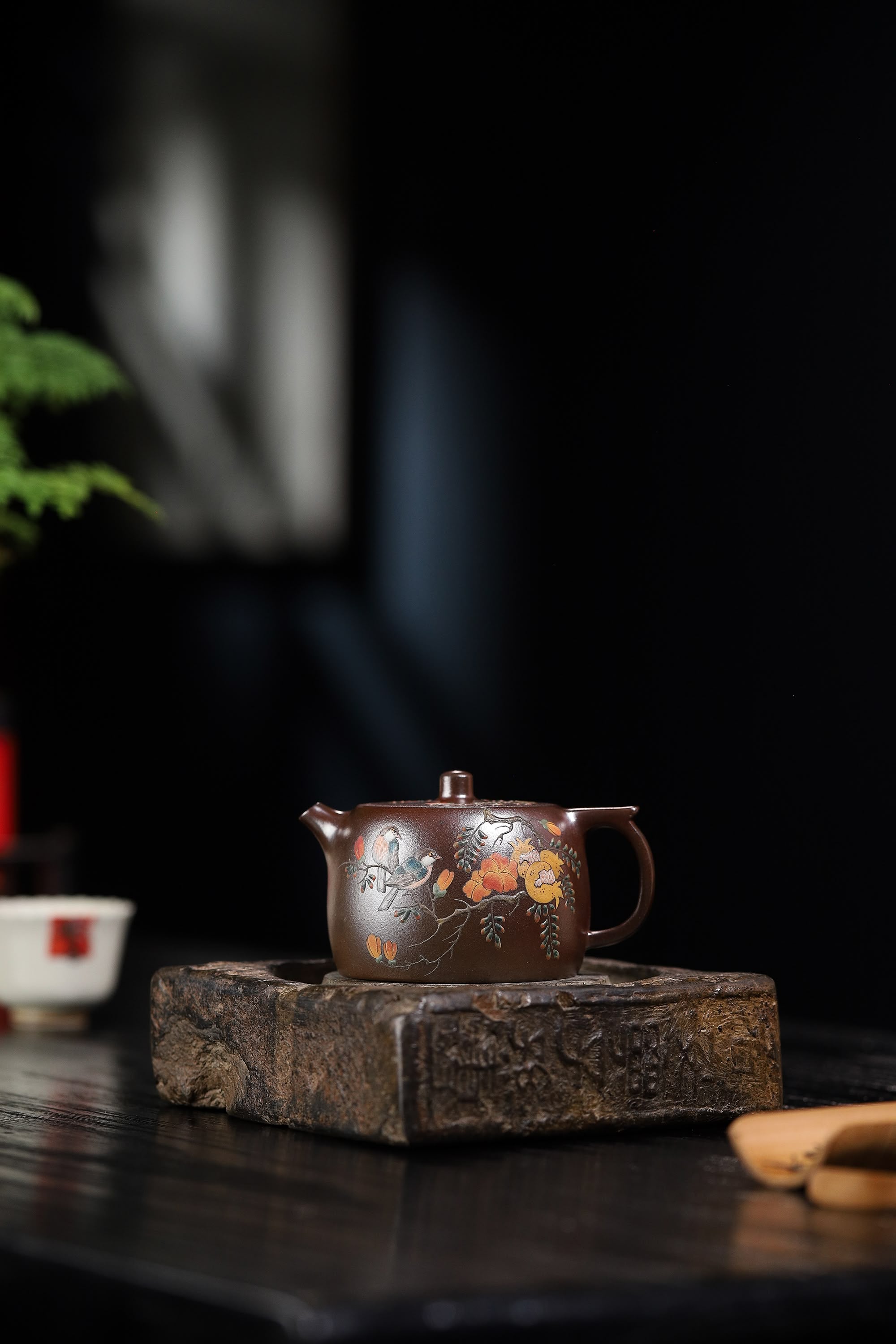 Well Curb Shape & Hand-Painted Peony & Bird Design Handcrafted TianQing Clay Wood-Fired Yixing Teapot