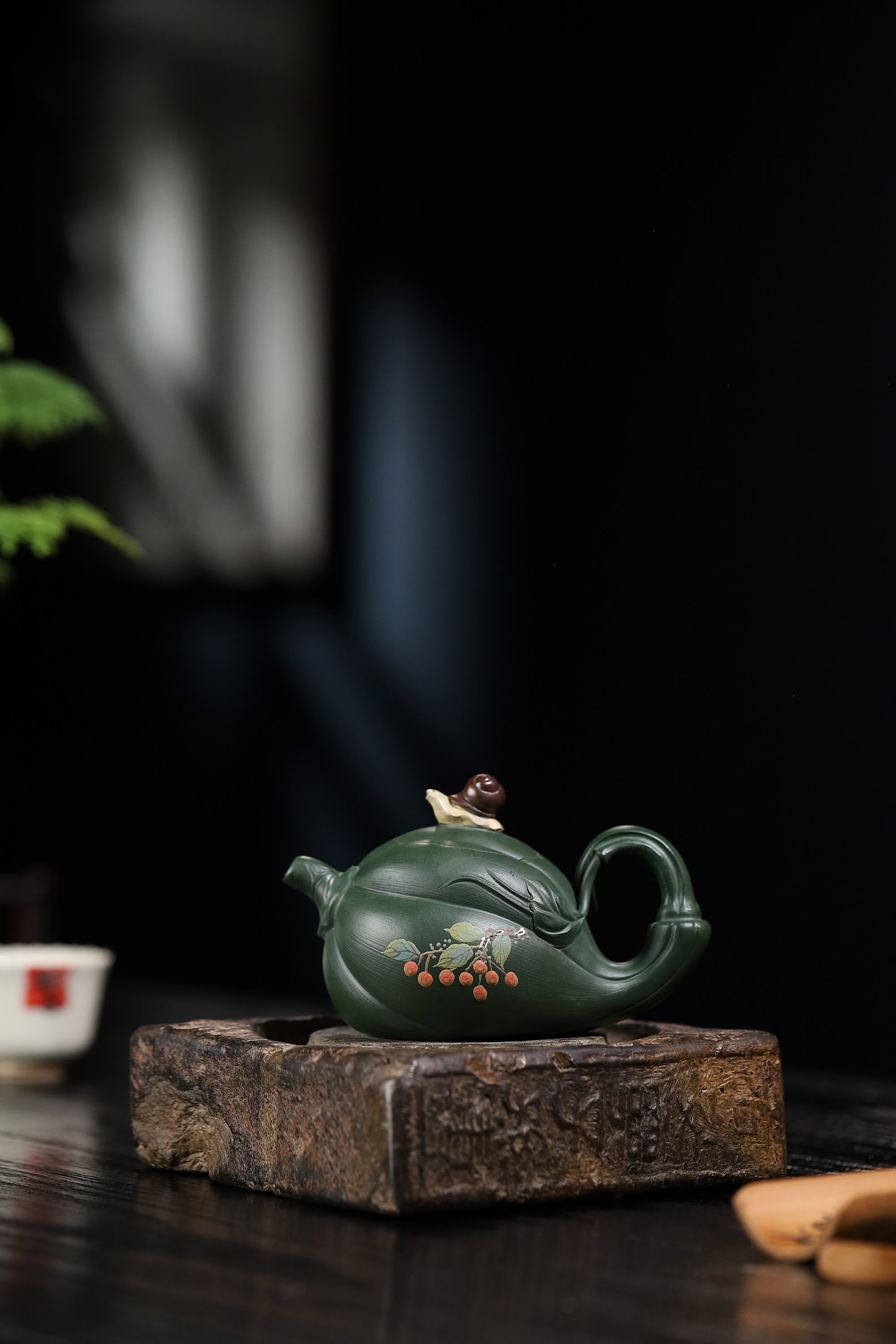  pumpkin shape & Hand-Painted Peony & Bird Design Handcrafted Dark Green Clay Yixing teapot