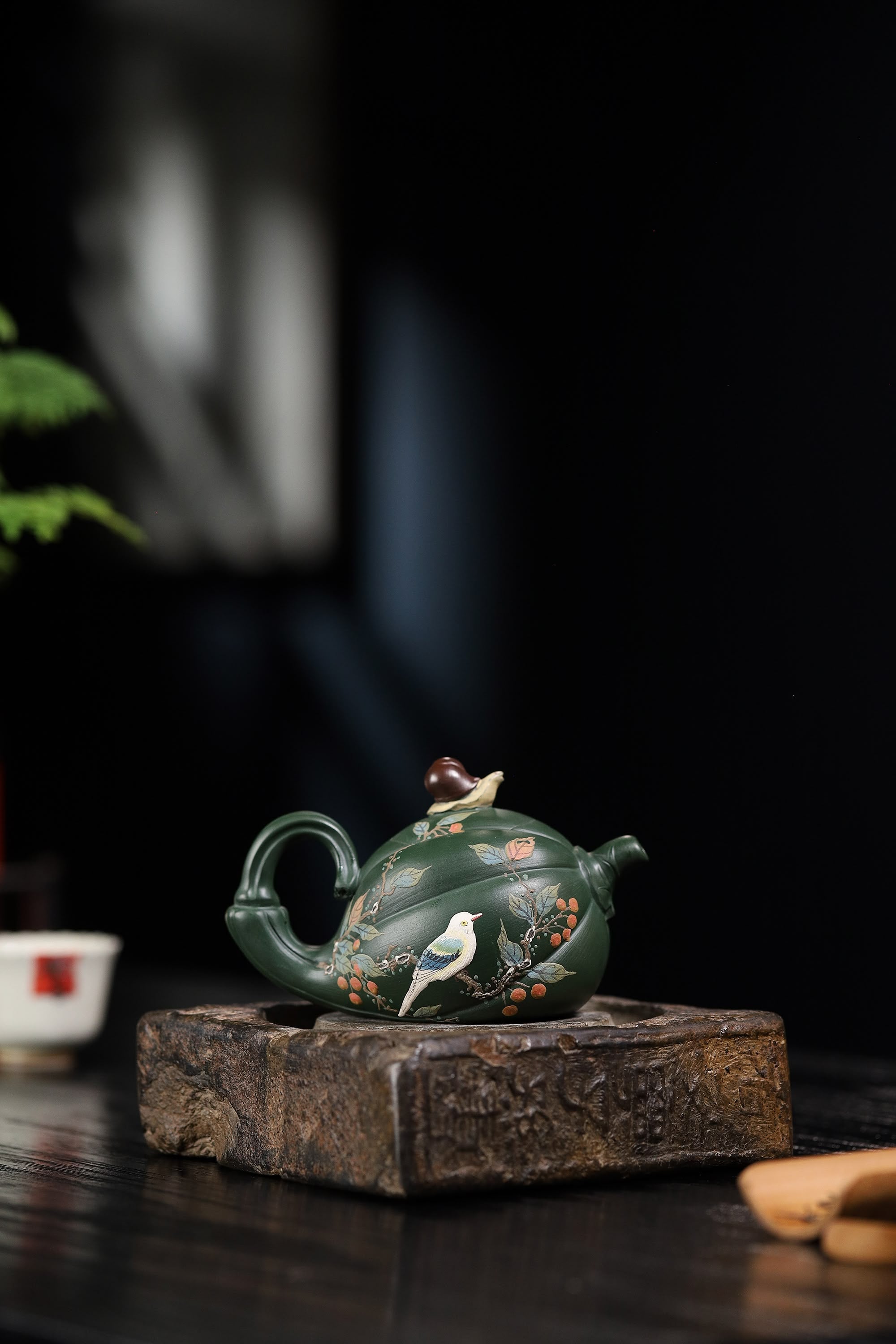  pumpkin shape & Hand-Painted Peony & Bird Design Handcrafted Dark Green Clay Yixing teapot