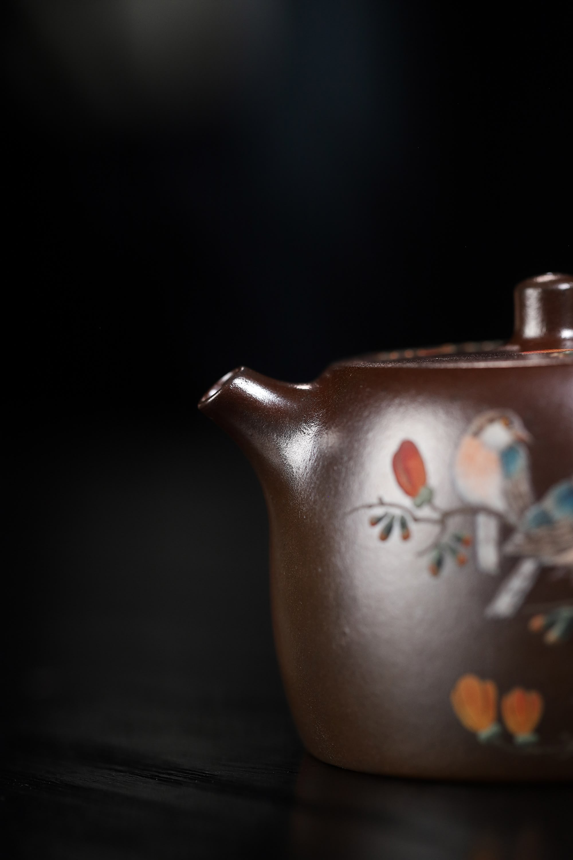 Well Curb Shape & Hand-Painted Peony & Bird Design Handcrafted TianQing Clay Wood-Fired Yixing Teapot