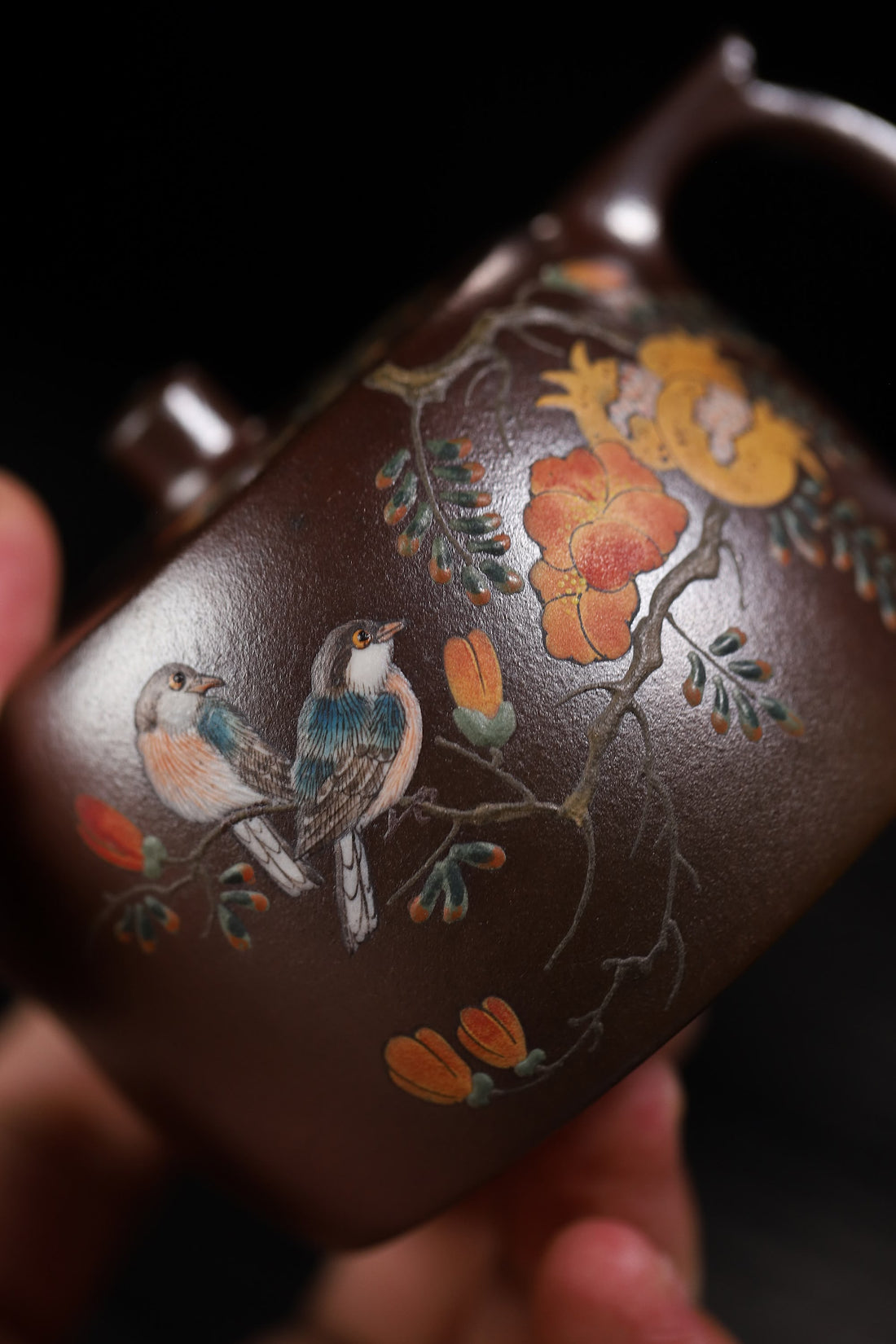 Well Curb Shape & Hand-Painted Peony & Bird Design Handcrafted TianQing Clay Wood-Fired Yixing Teapot