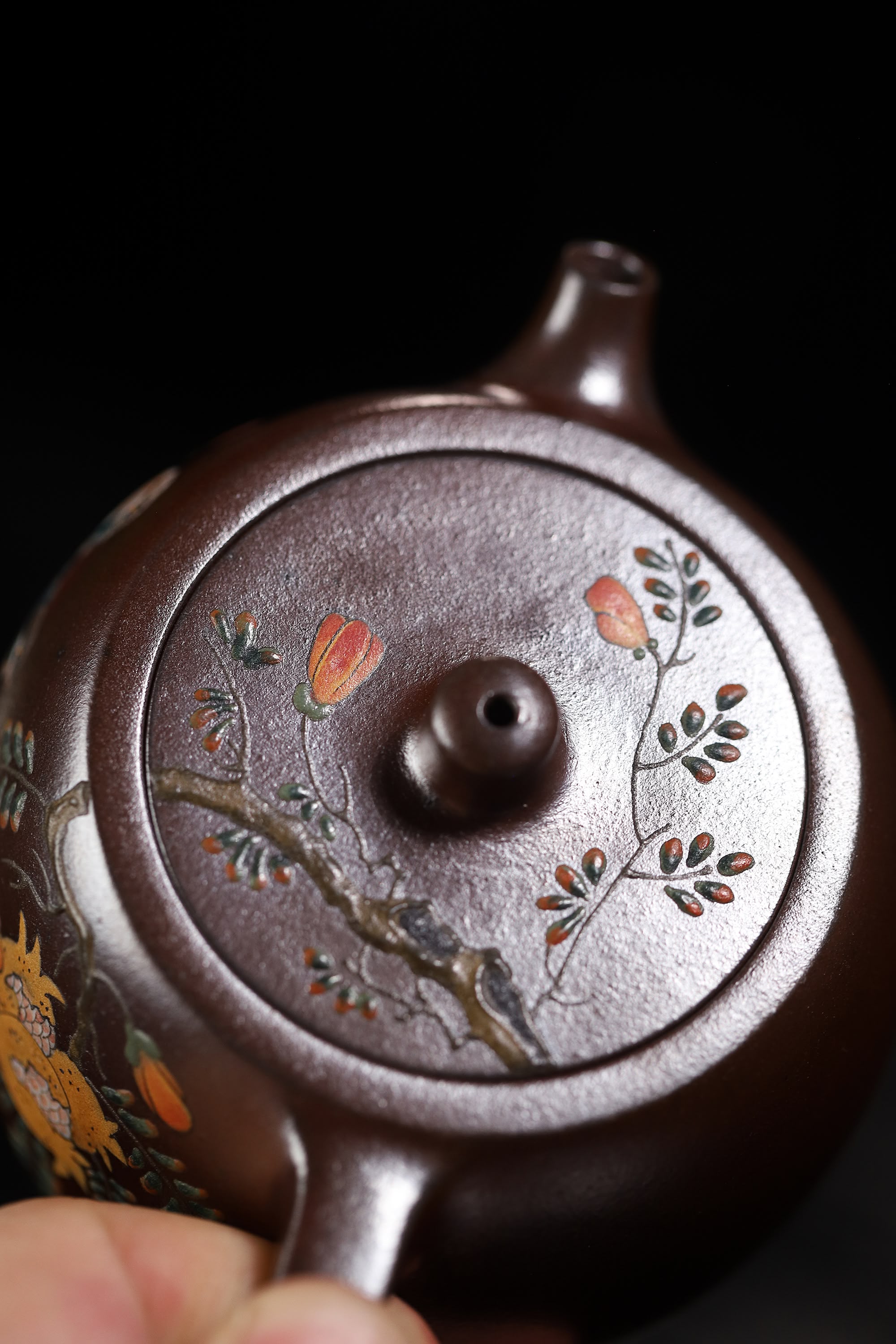 Well Curb Shape & Hand-Painted Peony & Bird Design Handcrafted TianQing Clay Wood-Fired Yixing Teapot