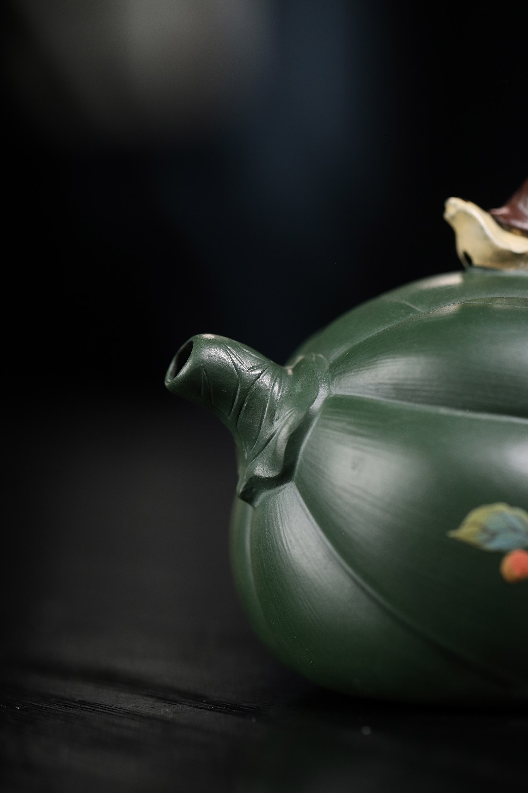  pumpkin shape & Hand-Painted Peony & Bird Design Handcrafted Dark Green Clay Yixing teapot