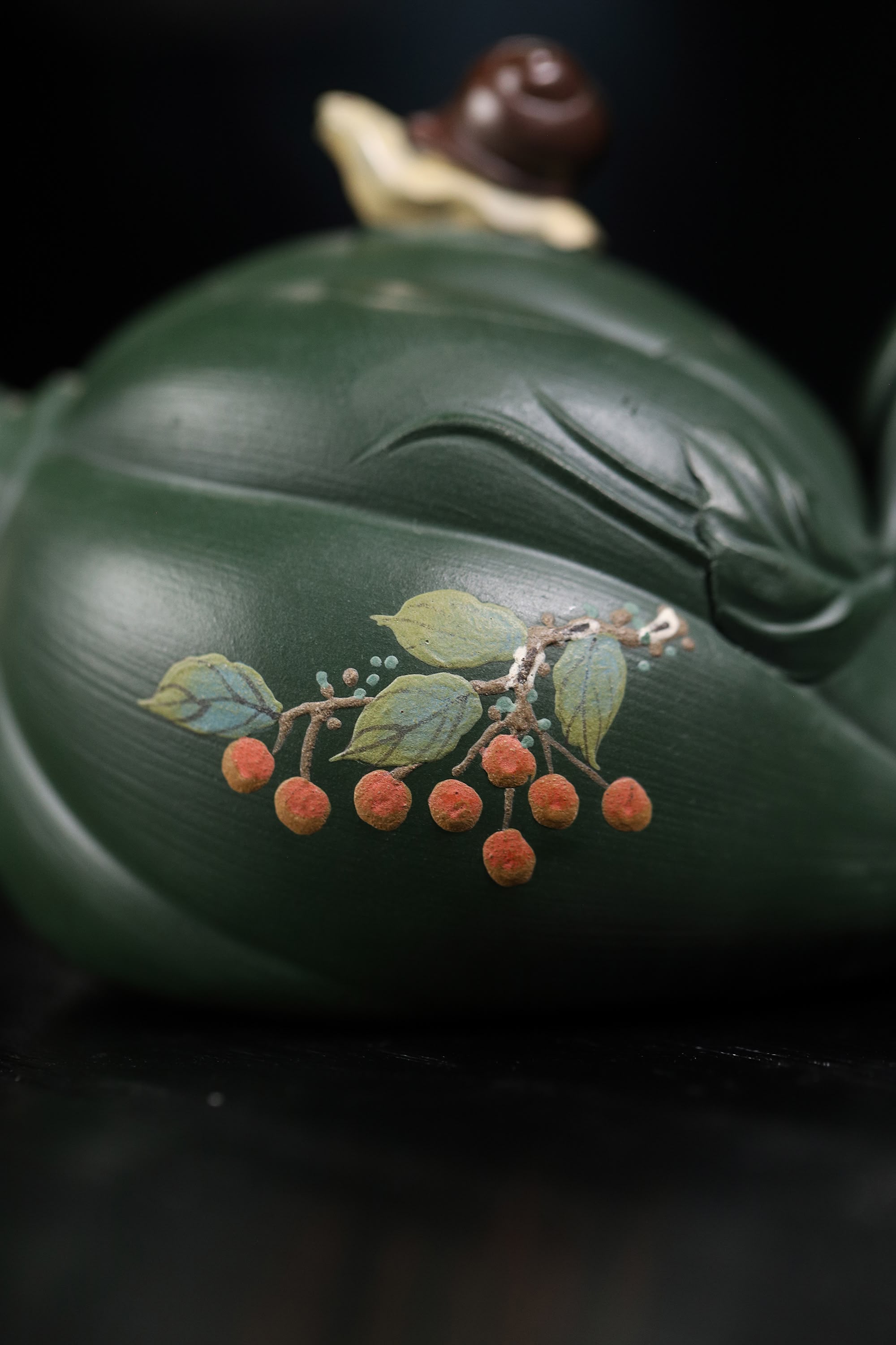  pumpkin shape & Hand-Painted Peony & Bird Design Handcrafted Dark Green Clay Yixing teapot