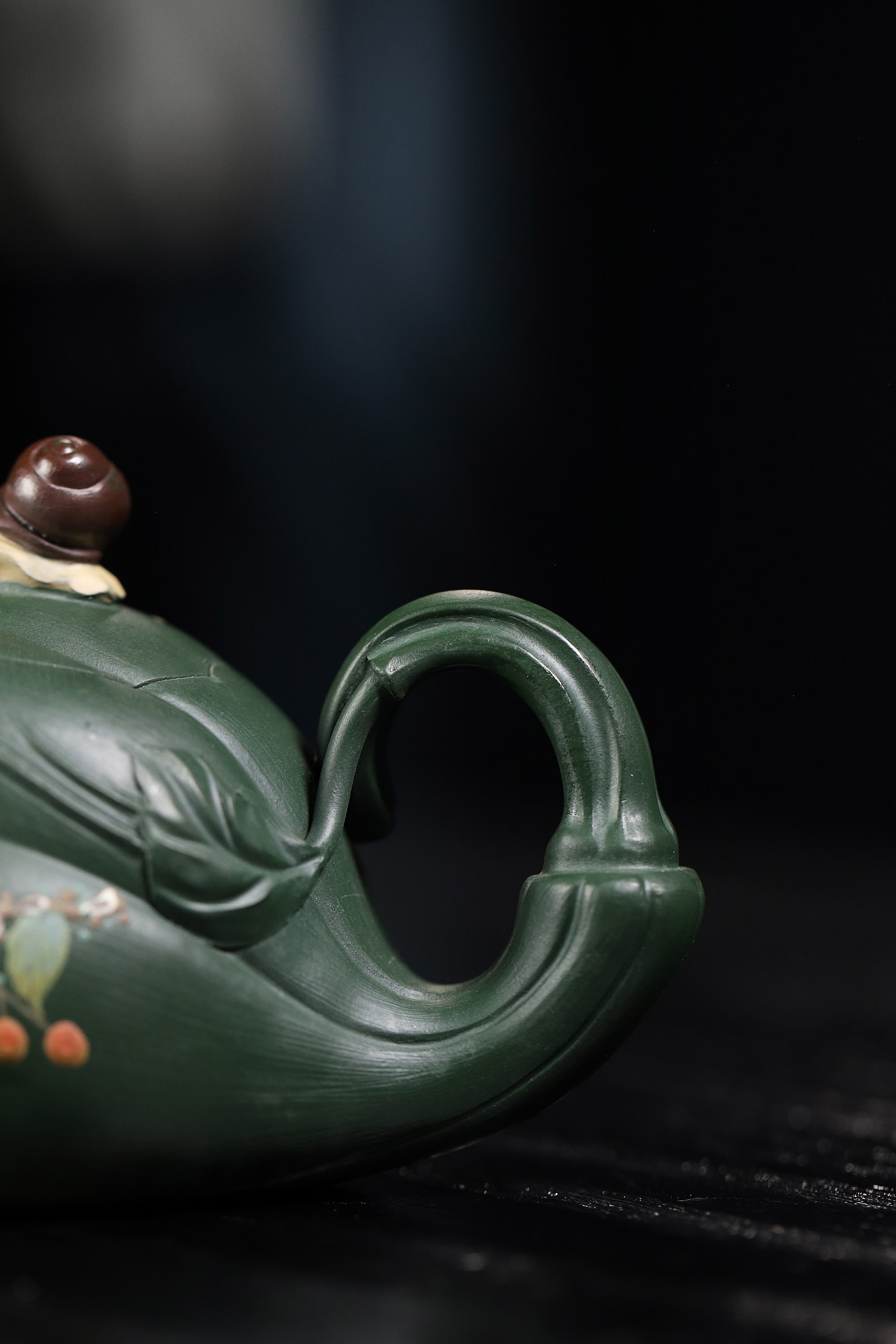  pumpkin shape & Hand-Painted Peony & Bird Design Handcrafted Dark Green Clay Yixing teapot