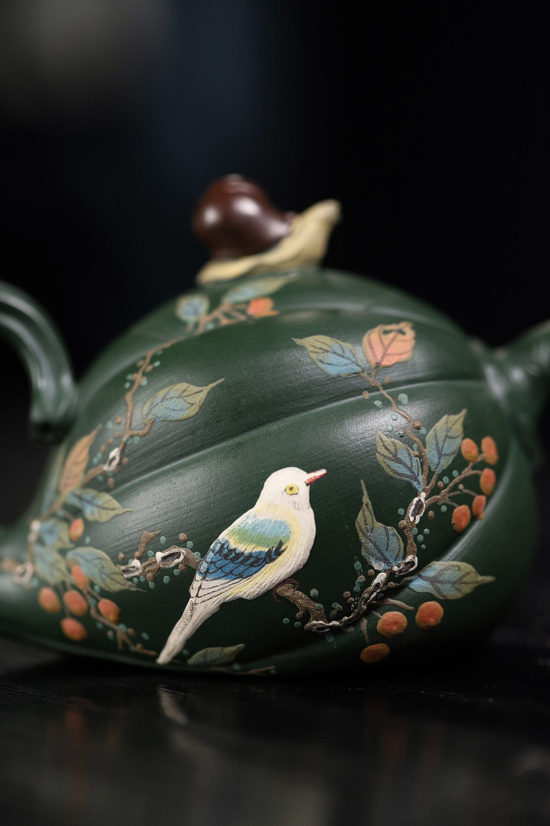  pumpkin shape & Hand-Painted Peony & Bird Design Handcrafted Dark Green Clay Yixing teapot