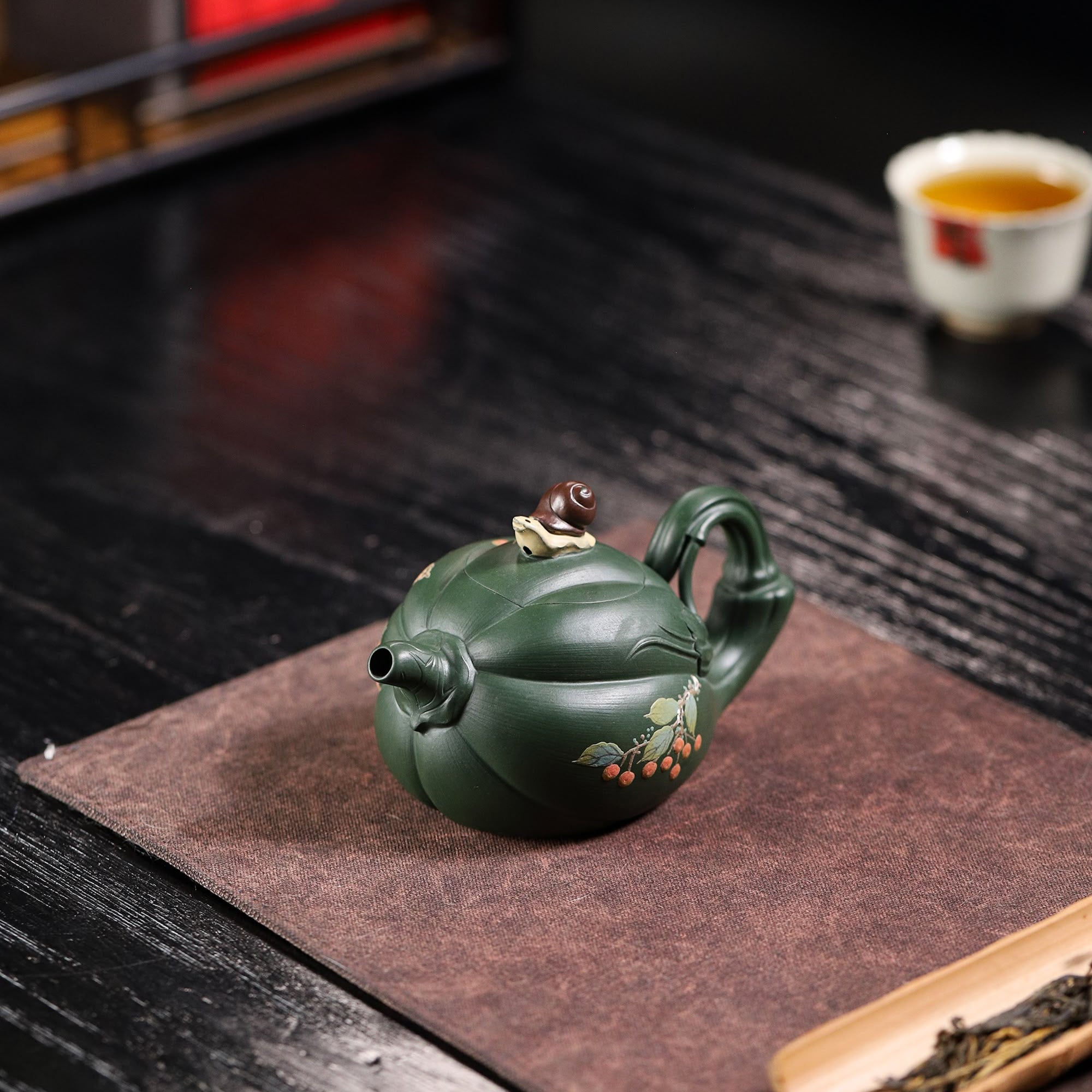  pumpkin shape & Hand-Painted Peony & Bird Design Handcrafted Dark Green Clay Yixing teapot