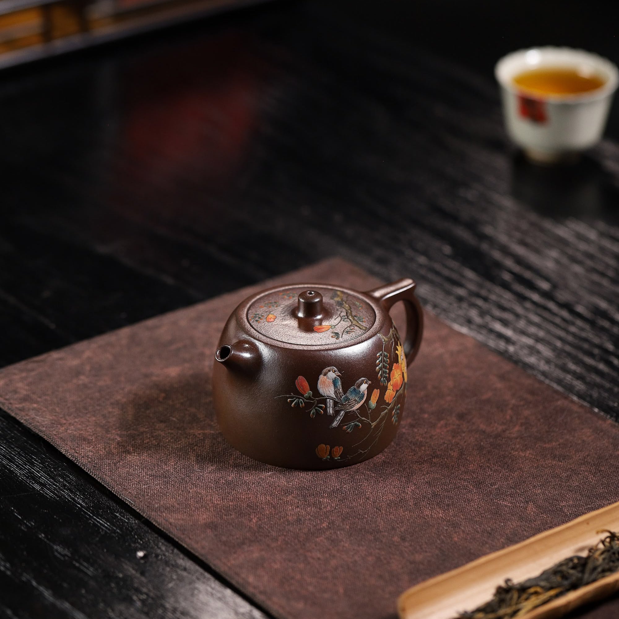 Well Curb Shape & Hand-Painted Peony & Bird Design Handcrafted TianQing Clay Wood-Fired Yixing Teapot