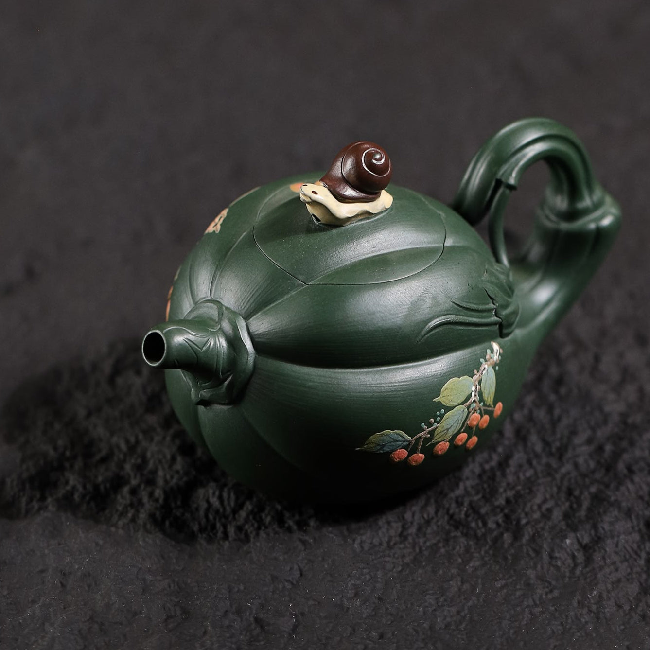  pumpkin shape & Hand-Painted Peony & Bird Design Handcrafted Dark Green Clay Yixing teapot